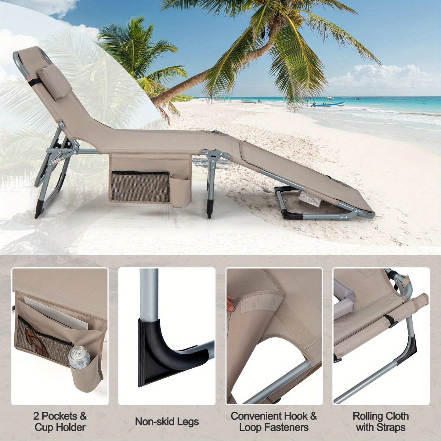 Heavy-Duty Outdoor Folding Chaise Lounge Chair - 5-Position Adjustable Backrest & Footrest, Portable Folding design with Face Hole & Armrests, Oxford Fabric & Aluminum Frame - for Pool, Beach, Patio, Camping - Supports 400 lbs
