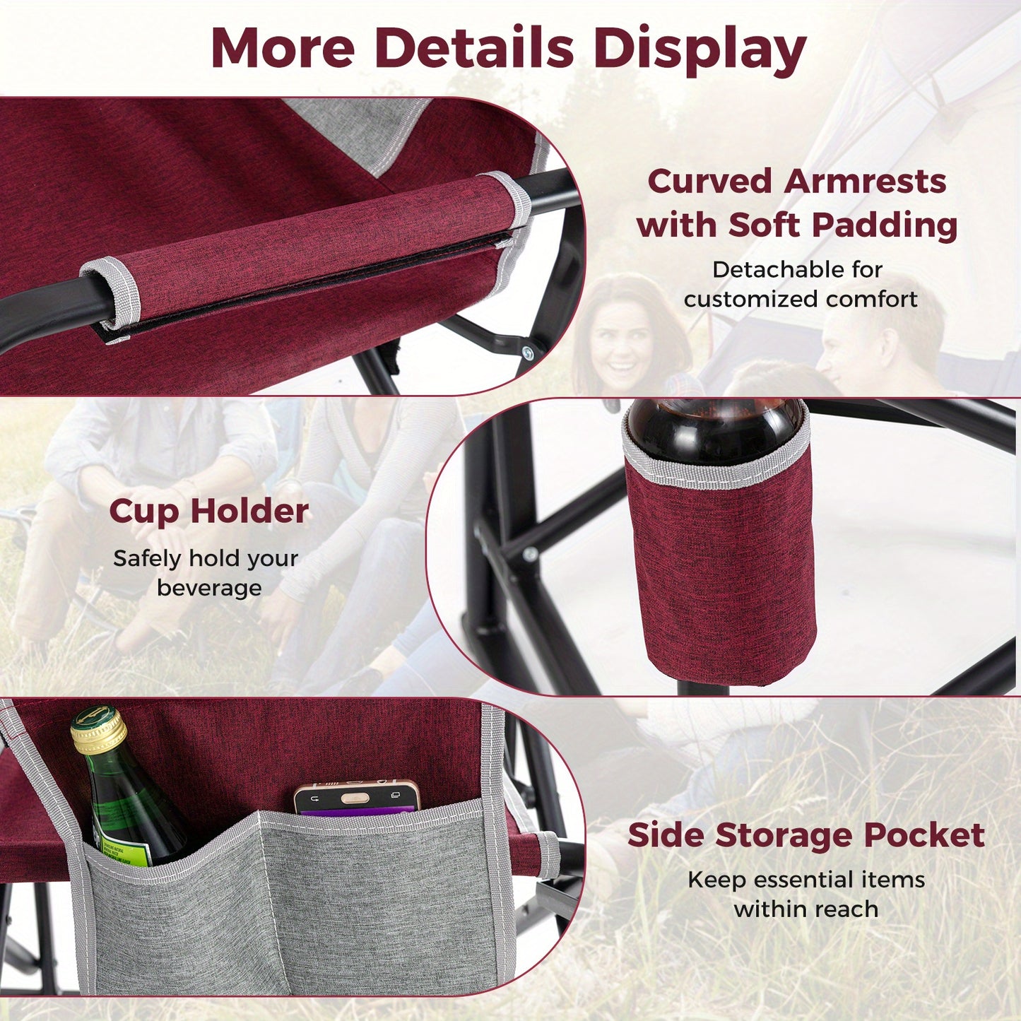 Outdoor Rocker Camping Chair for Adults, Portable Foldable Rocking Chair w/ Dual Springs, Padded Back, Armrests, Cup Holder, Storage Pocket, Heavy-Duty Arm Chair for Beach Patio Travel Picnic.