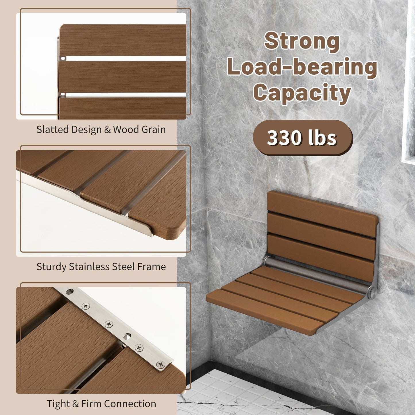Space-Saving Folding Shower Bench - Sturdy Stainless Steel & HIPS, Wall-Mounted, Brown Wood Grain Design, Supports up to 330 lbs, Ideal for Seniors, Pregnant, Disabled with Easy Installation Kit, Shower Bench for Inside Shower