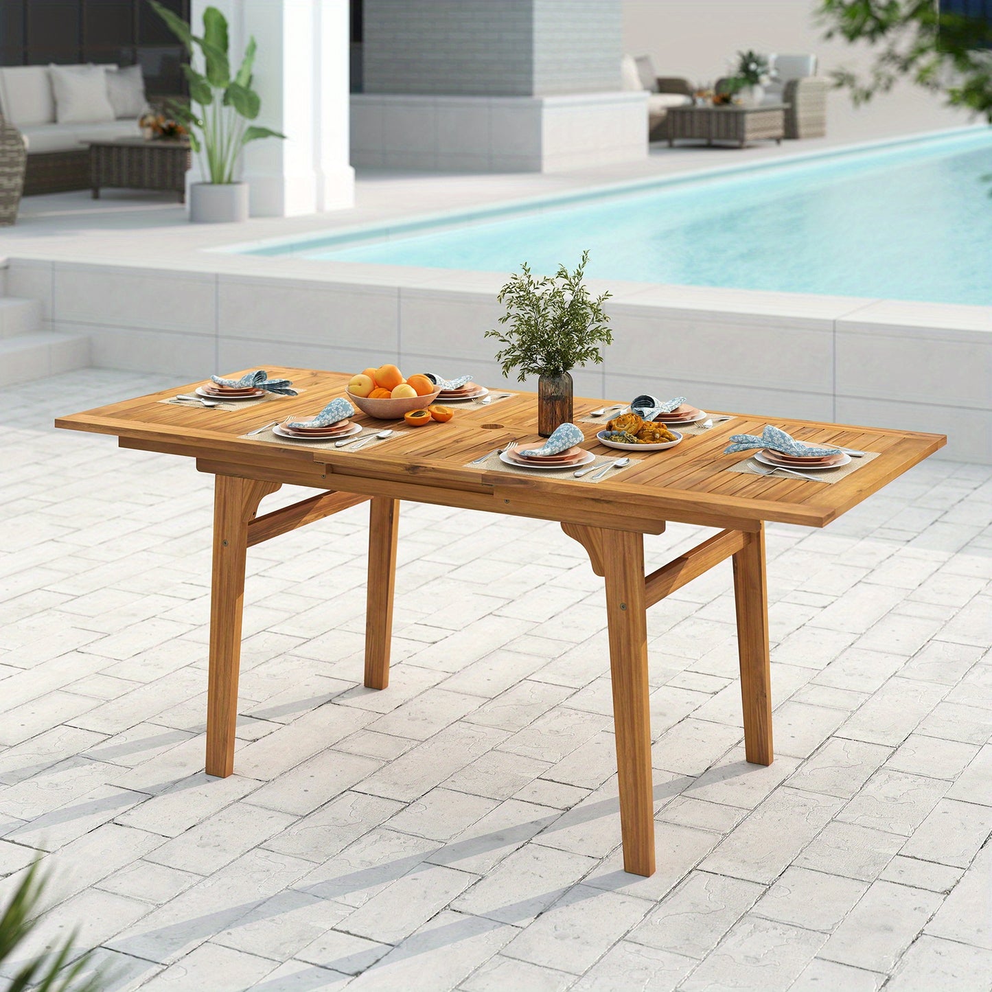 Expandable Outdoor Dining Table for 6-8 Person, 55" -71" Acacia Wood Patio Table with 1. 97" Umbrella Hole and Slatted Tabletop, Rectangular Table for Garden, Yard, Deck