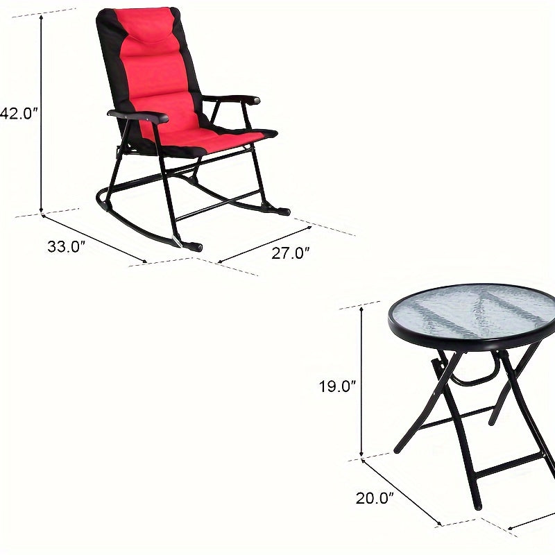 2pcs Rocking Chairs With Cushions & 1pc Glass Top Table, 3pcs Folding Bistro Set, Steel Garden Furniture In Red, Outdoor Patio Set, Space-Saving & Comfort Design, 42.0"x33.0"x27.0" Chairs, 19.0"x20.0" Table