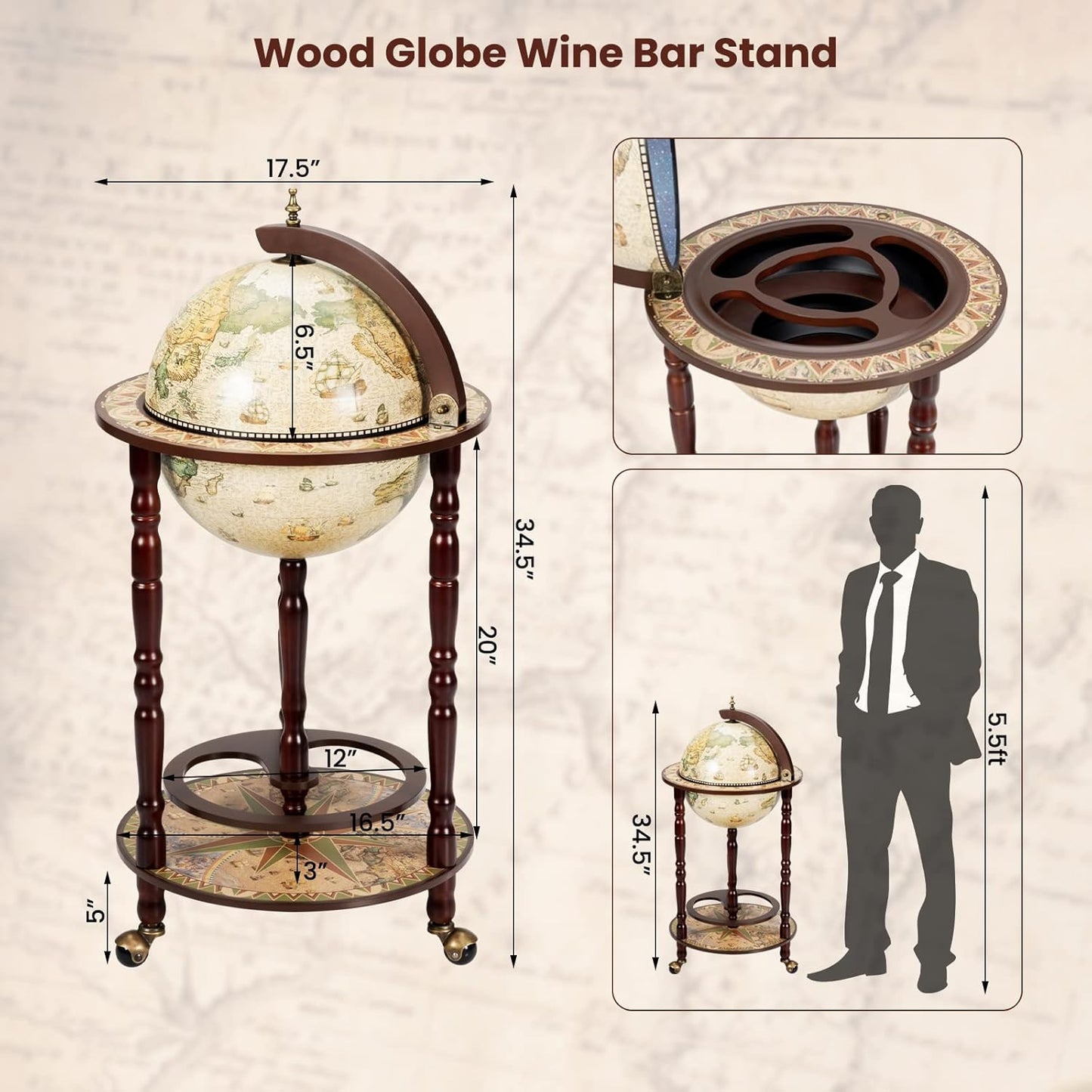 Wine Bar Cabinet, Italian Replica Bar Cart with Wheels and Liquor Bottle Shelf, Solid Wood Wine Bar Stand for Home, Kitchen, Bar, Pub (Cream White)
