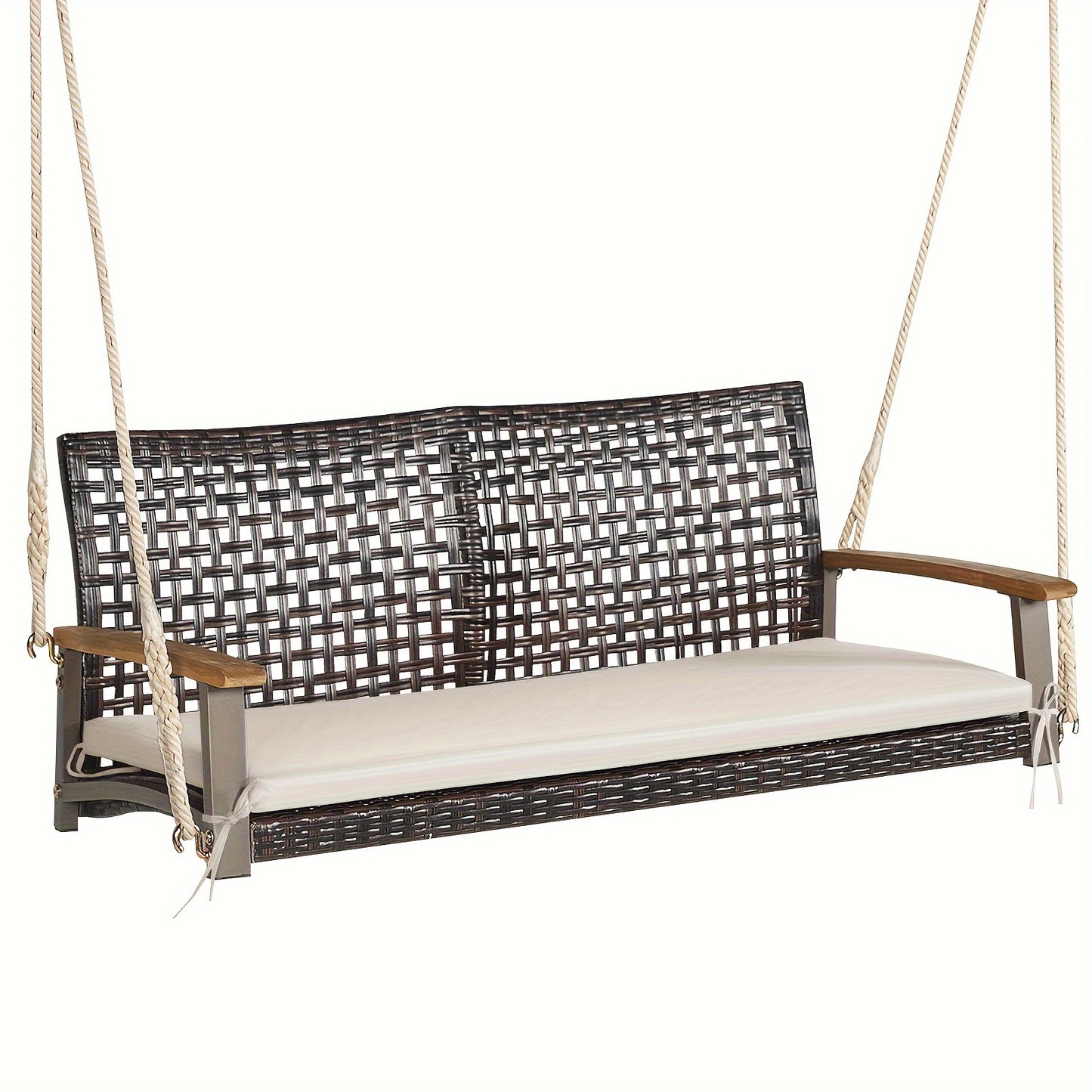 2-Person Patio Rattan Hanging Swing Chair Porch Loveseat Cushion White