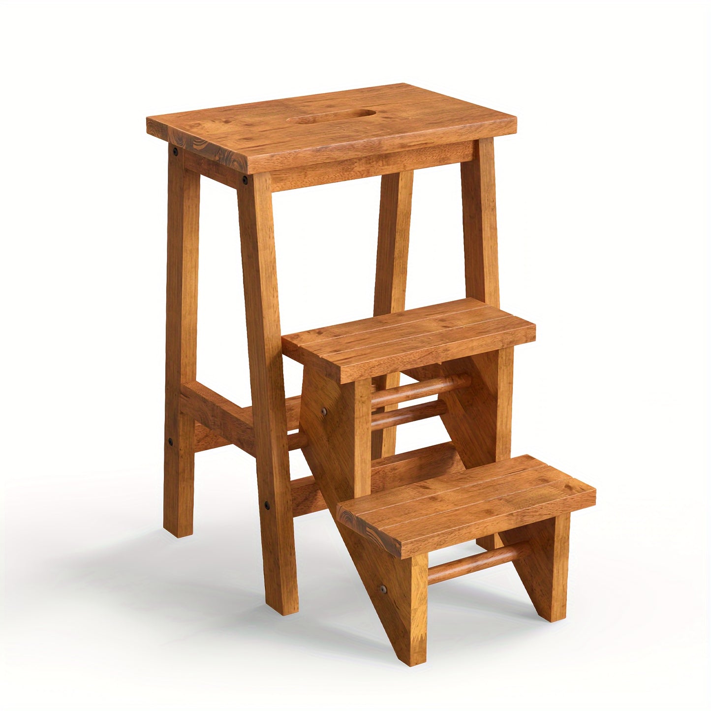 3-in-1 Folding Step Stool | 24" | Rubber Wood | Durable & Portable, Sturdy Ant-Slip Surface, 200 lbs Capacity Per Pedal | Home, Garage, or Garden Use | Rustic Wood | Secure Connection Joints