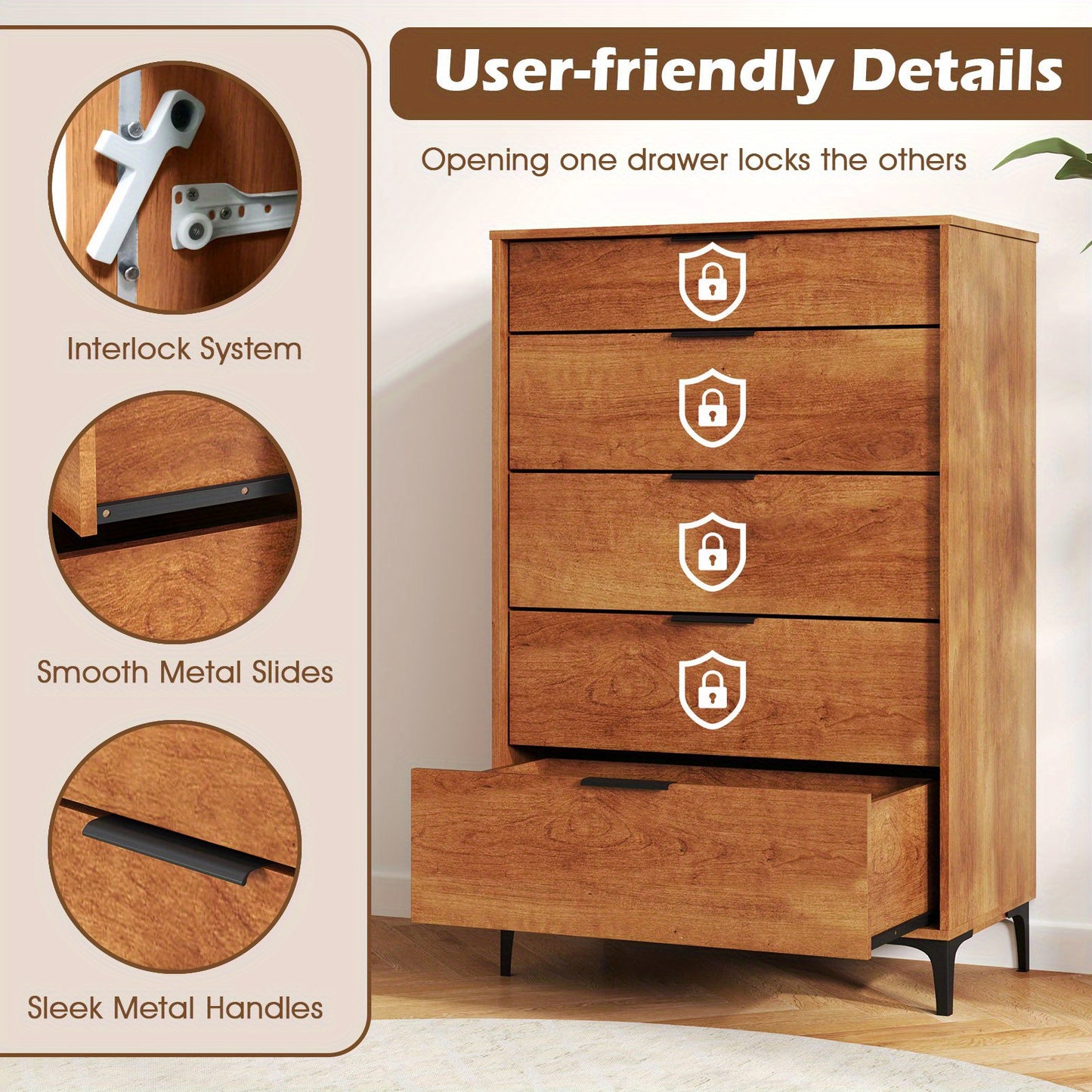 5-Drawer Dresser Mid-Century Modern Freestanding Chest with Sturdy Metal Legs & Interlock System, Cherry Finish Engineered Wood & MDF Organizer for Bedroom, Living Room, Hallway - Easy Assembly, Adjustable Feet, Anti-Tip Design