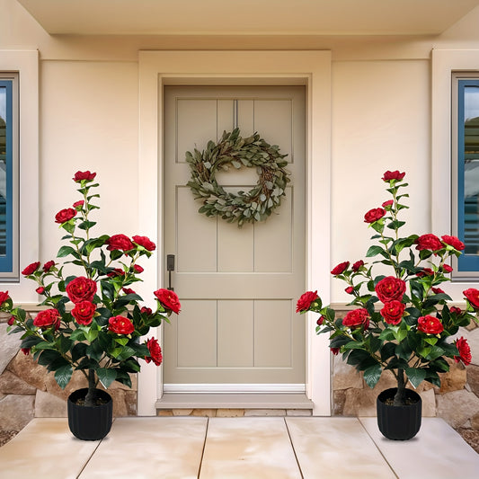 2pcs 3ft Artificial Camellia Trees with Pot & Pebbles - 24 Realistic White Blooms & 188 Lush Green Leaves - Indoor/Outdoor Faux Potted Plant for Home, Office, Garden - All-Season Decor, Best for Christmas, Perfect for Thanksgiving