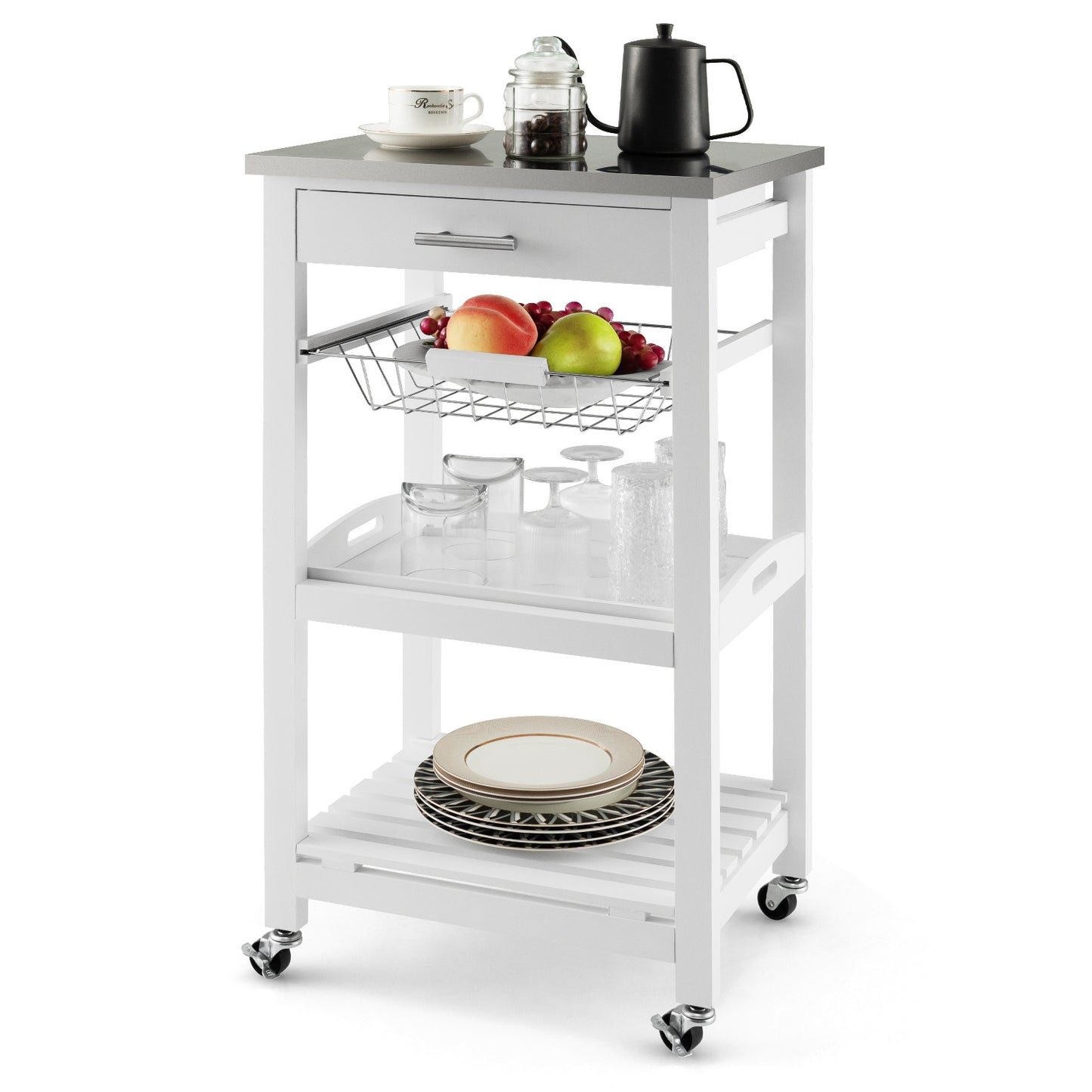Kitchen Island on Wheels, Rolling Kitchen Cart with Stainless Steel Countertop, Slide-out Metal Wire Basket, Serving Tray, Lockable Casters, Utility Storage Trolley for Kitchen, Dining Room