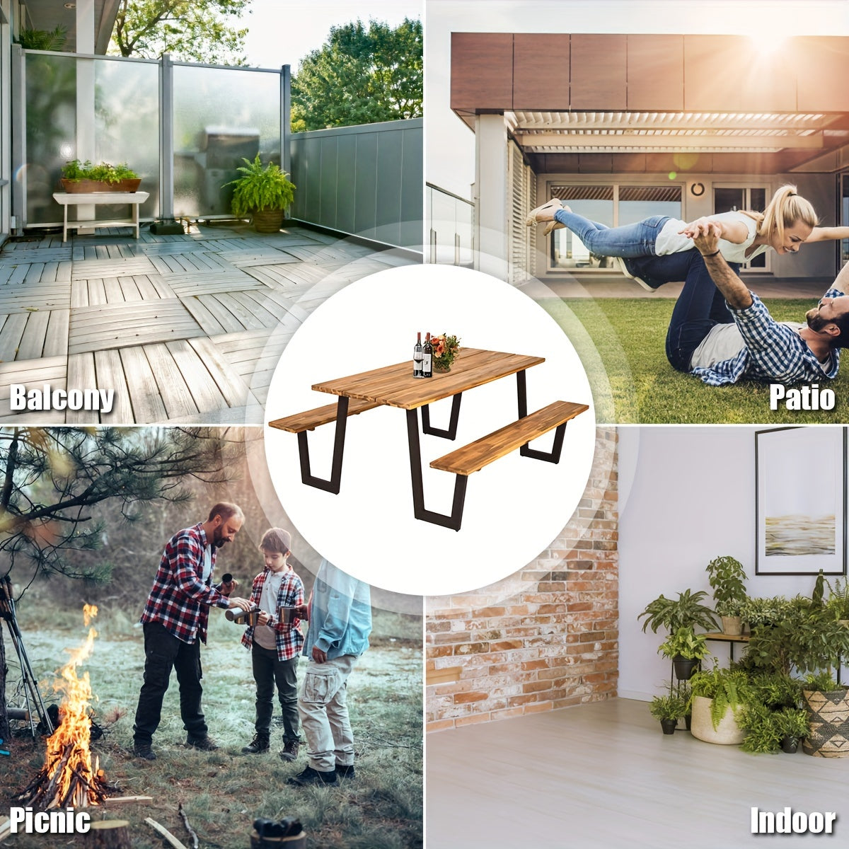 Picnic Table Bench Set Outdoor Camping Wooden 2 Benches w/Umbrella Hole Patented