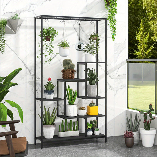 6-Tier Indoor Plant Stand 71" Tall, Sturdy Metal & Wood Plant Shelf with 10 S-Hooks, Large Capacity Vertical Space-Saving Design for Potted Plants, Bonsai, Books, Living Room, Balcony, Office, Balcony Organizer, Modern Aesthetic, Powdercoated Finish