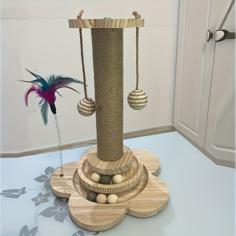 1pc Whisker Wonders Solid Hardwood Cat Scratching Post with Turntable - Interactive Teaser Stick, Scratch-Resistant Board & Sisal Climbing Stand for Active Cats