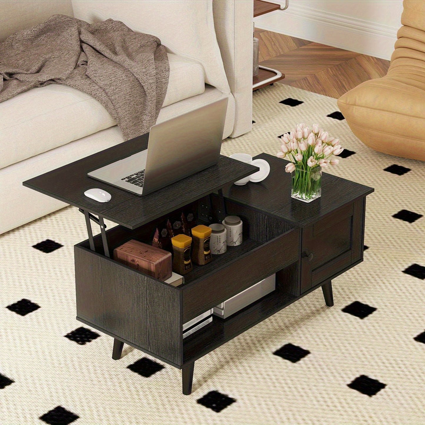 Adjustable Lift-Top Coffee Table with Hidden Compartment & Gas Struts, 18"-23.5" Height, Engineered Wood & MDF Storage Console Table for Living Room, Home Office, Bedroom - Black, Coffee Table for Living Room, Modern Furniture, Durable Construction