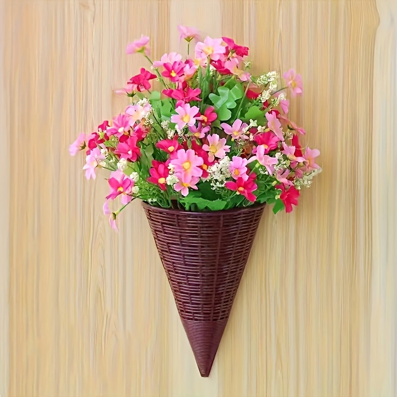 16pcs Rattan-Style Woven Wall Hanging Planters - Lightweight Plastic Cone-Shaped Flower Baskets with Decorative Metal Rings, Indoor/Outdoor Wall-Mounted Vases for Balcony, Garden & Patio Decor