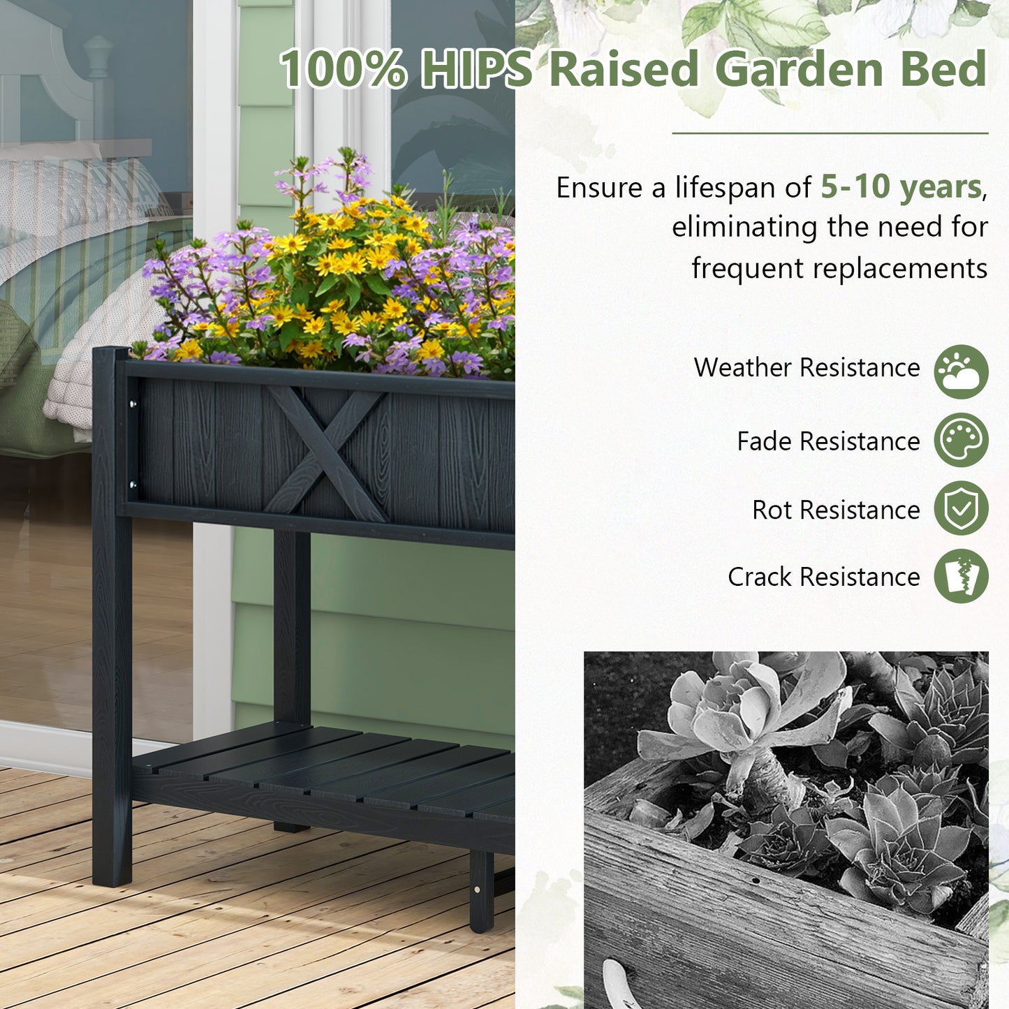 HIPS Raised Garden Bed Poly Wood Elevated Planter Box w/ Legs, Storage Shelf