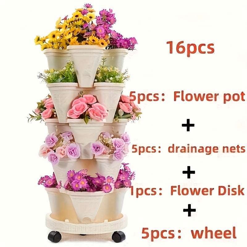 16pcs 5-Tier Stackable Vertical Garden Pots With Wheels | Durable Plastic Indoor/Outdoor Planters For Flowers, Herbs, Strawberries, Vegetables | Includes Flower Pots, Drainage Nets & Disk, Extra Large Flower Pots, Mobile Flower Pots, Wheeled Planters