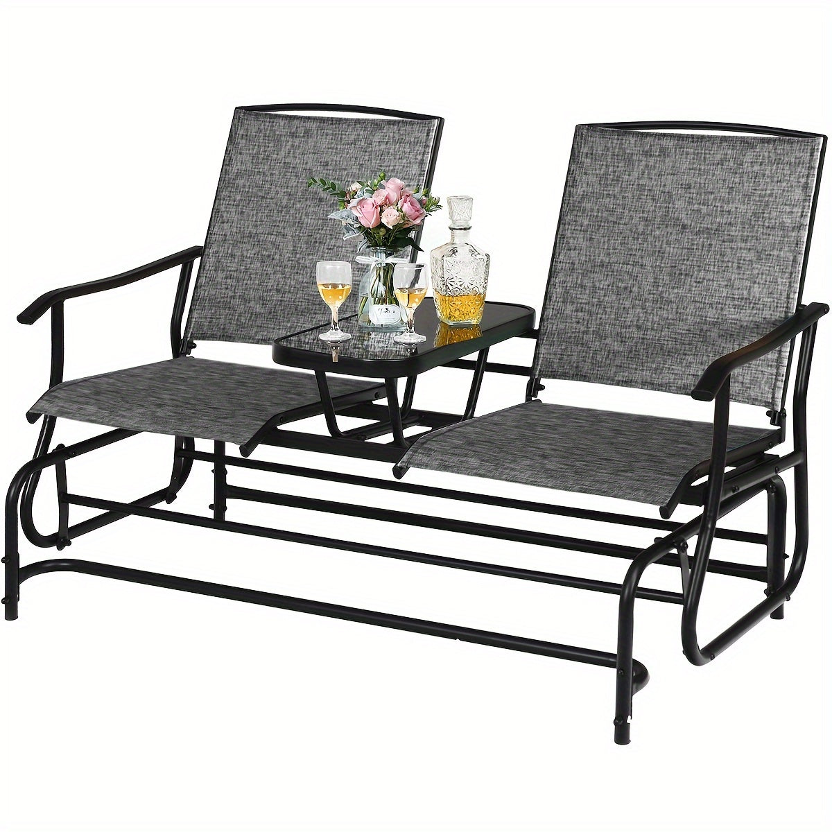 Patio Bench Glider Chair With Metal Frame, Center Tempered Glass Table, Outside Double Rocking Swing Loveseat For Porch, Garden, Poolside, Balcony, Lawn Rocker Outdoor Glider Bench (Gray)