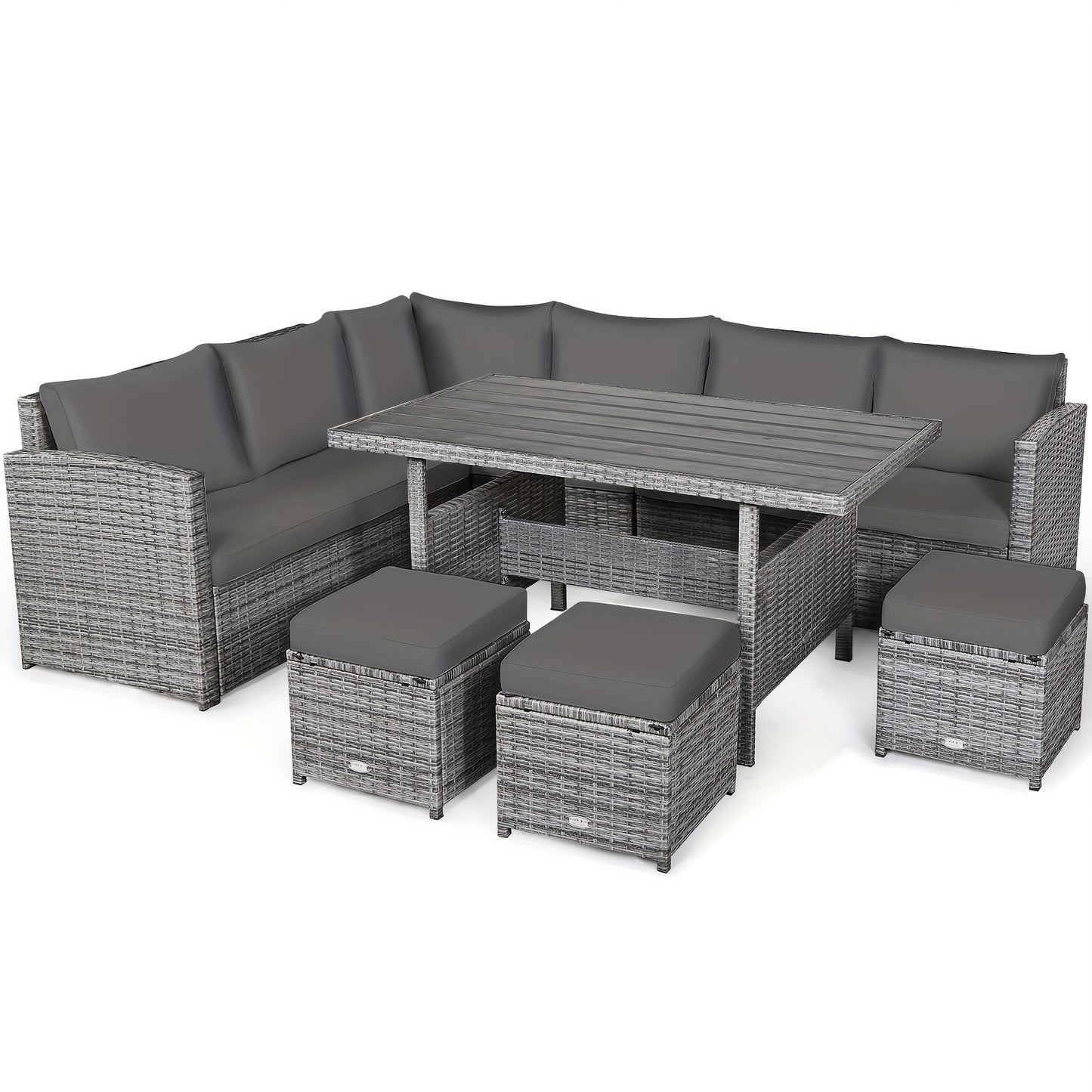 7pcs Patio Rattan Dining Set, Sectional Sofa Couch Ottoman For Garden Gray