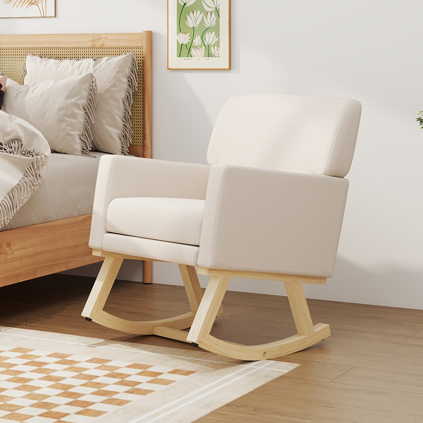 Mid Century Fabric Rocking Chair Upholstered Accent Armchair Lounge Chair Beige