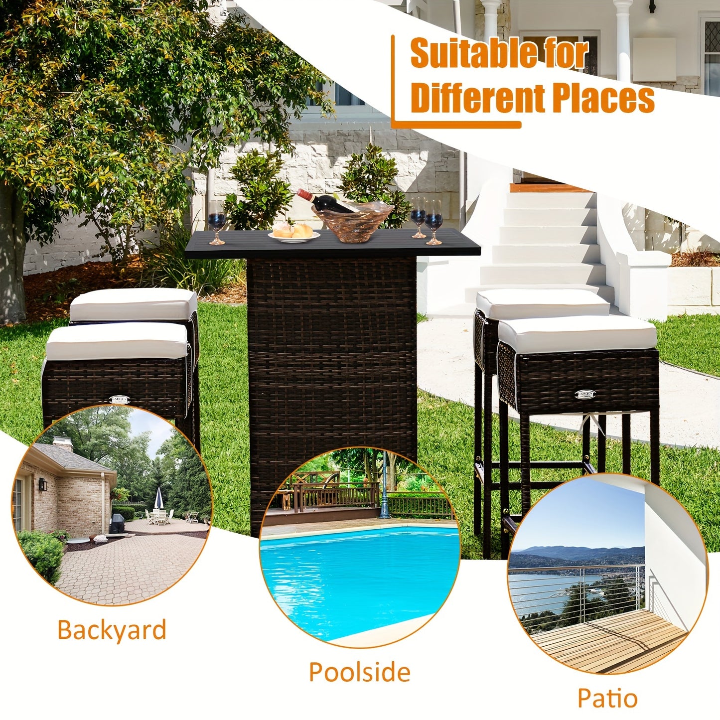 5pcs Rattan Patio Bar Set with Hidden Storage - Includes Table, 4 Stools & Waterproof Cushions - Weather-Resistant PE Wicker for Outdoor Gatherings, Shelf