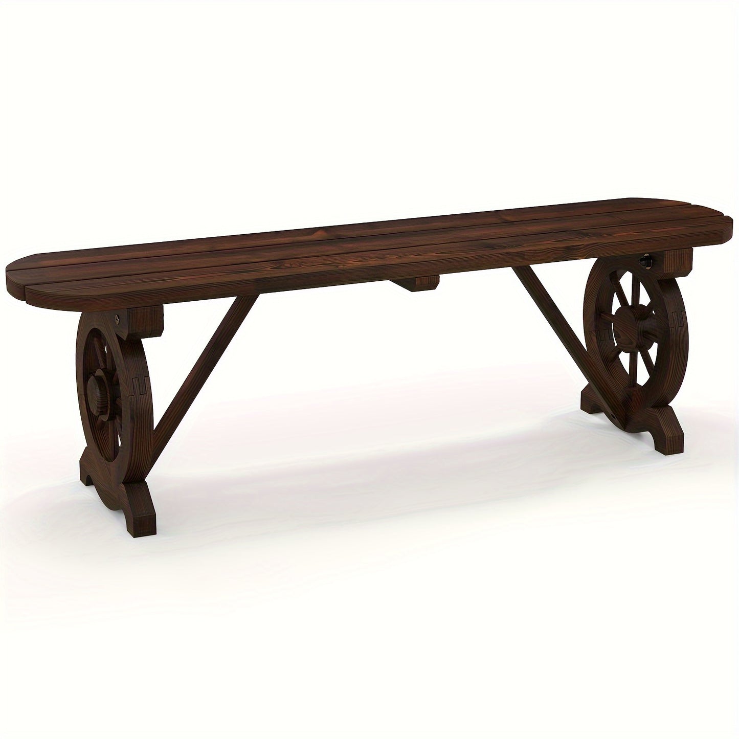 Patio Wood Bench, Outdoor Rustic Wagon Wheel Bench, 2-Person Wooden Outdoor Bench For Patio, Garden, Porch, Park, 710 Lbs Weight Capacity, Brown
