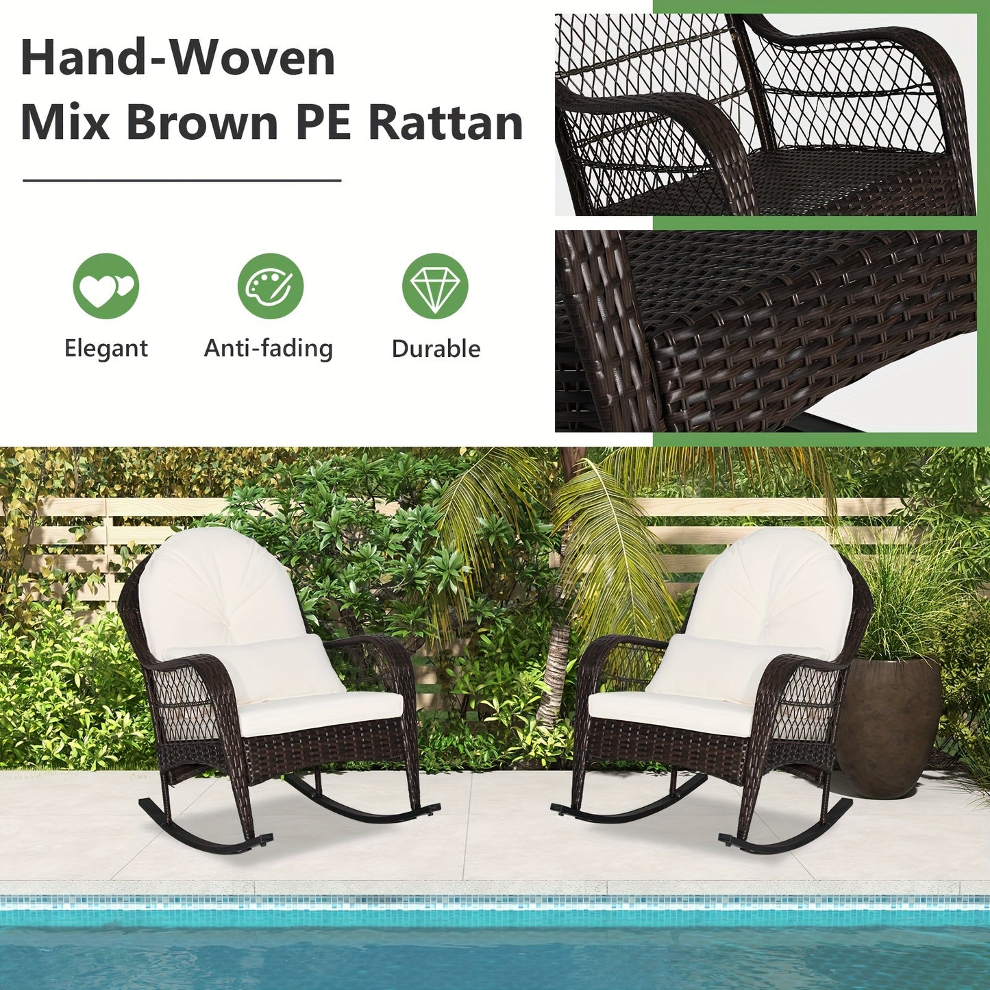 Patio Wicker Rocking Chair W/Seat Back Cushions & Lumbar Pillow Porch Off White