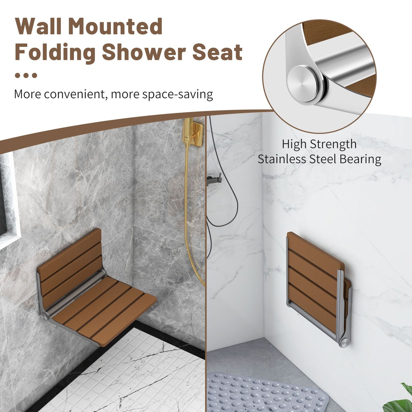 Space-Saving Folding Shower Bench - Sturdy Stainless Steel & HIPS, Wall-Mounted, Brown Wood Grain Design, Supports up to 330 lbs, Ideal for Seniors, Pregnant, Disabled with Easy Installation Kit, Shower Bench for Inside Shower