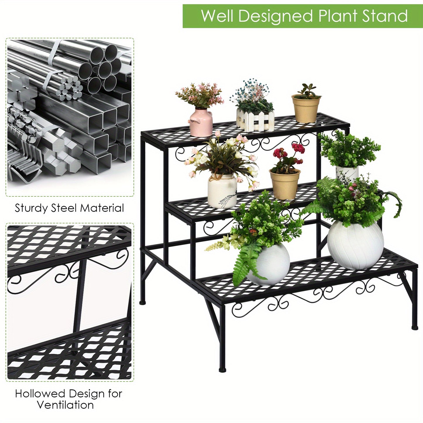 3 Tiers Metal Plant Stand Ladder Flower Pot Rack Decorative Planter Holder
