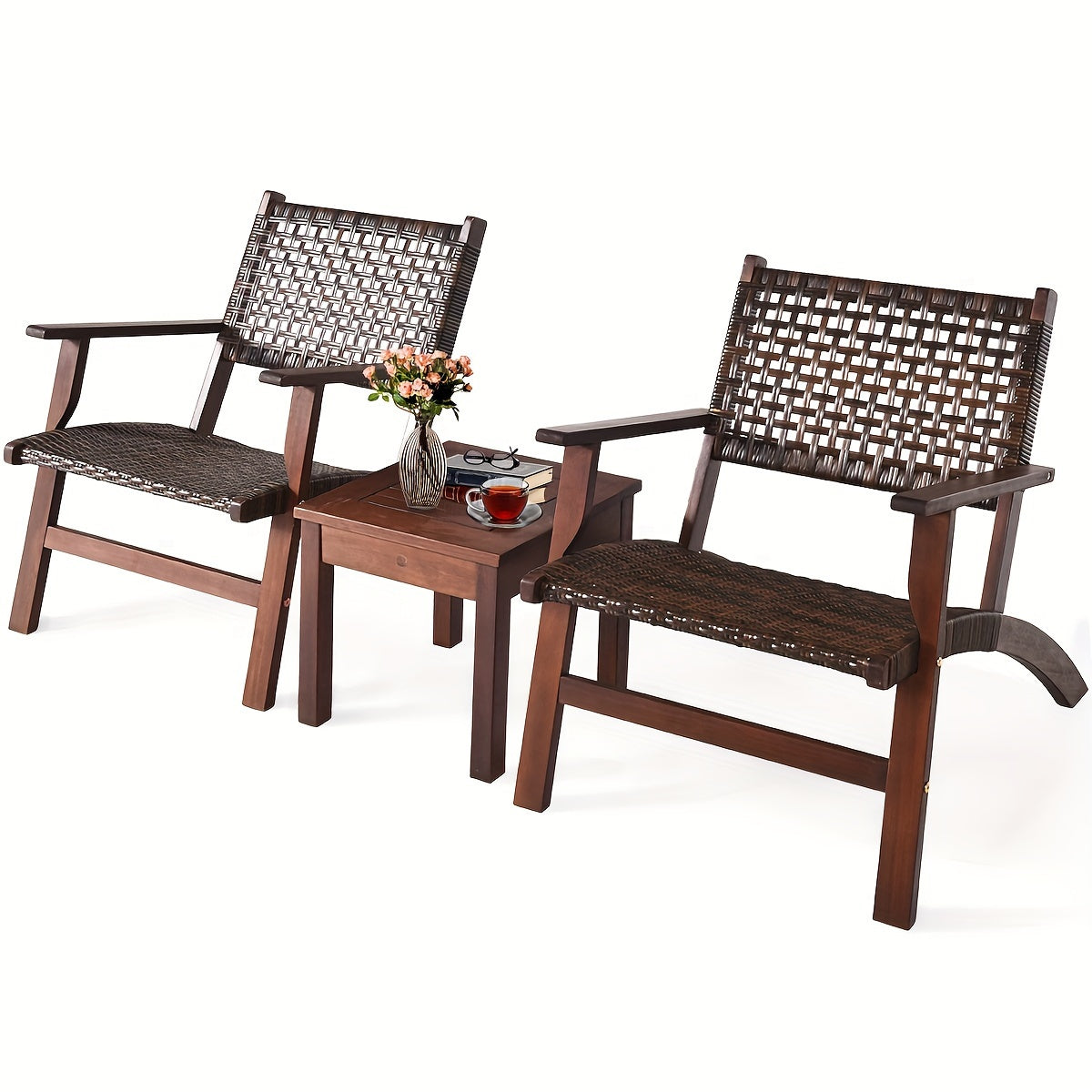 3pcs Outdoor Patio Rattan Furniture Set, Solid Wood Frame Chair And Coffee Table
