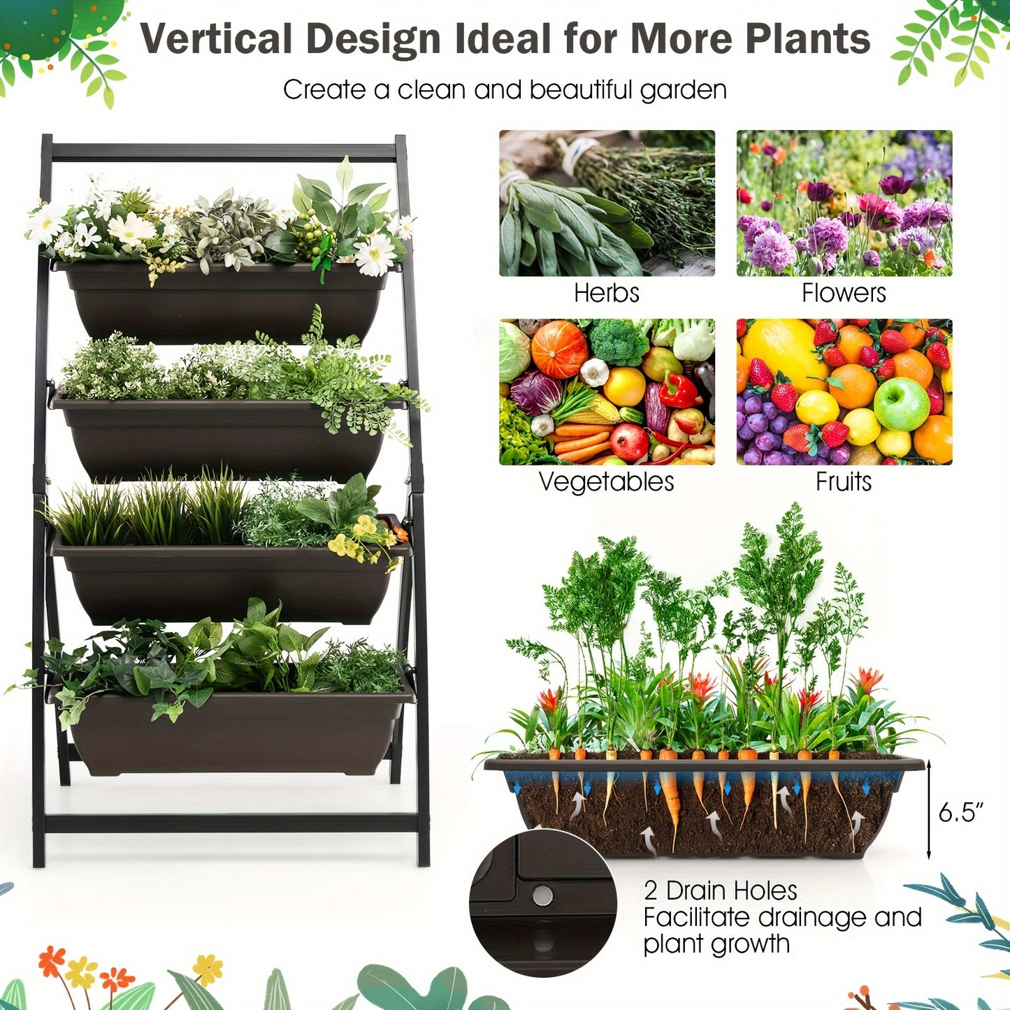 4ft 4-Tier Vertical Raised Garden Bed with Elevated Planter Boxes, Metal Frame, Drainage Holes - Ideal for Yard, Patio, Balcony, Above Ground Garden Bed