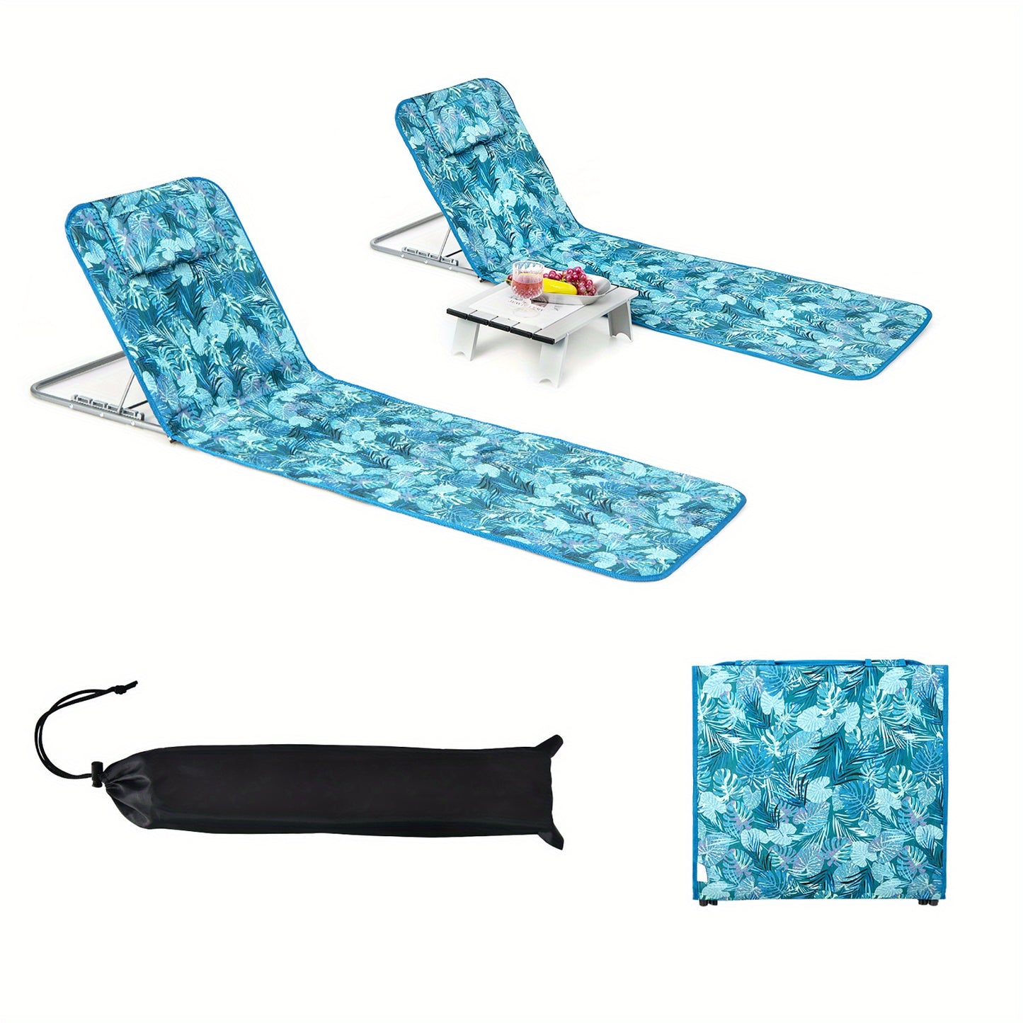3-Piece Beach Lounge Chair Mat Set 2 Adjustable Lounge Chairs with Table Green