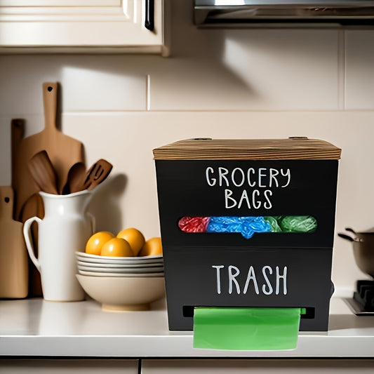 2-in-1 Wooden Garbage Bag Dispenser & Organizer, Large Capacity, Wall-Mount Or Cabinet Hanging Storage for Kitchen And Bathroom Essentials, White/Black