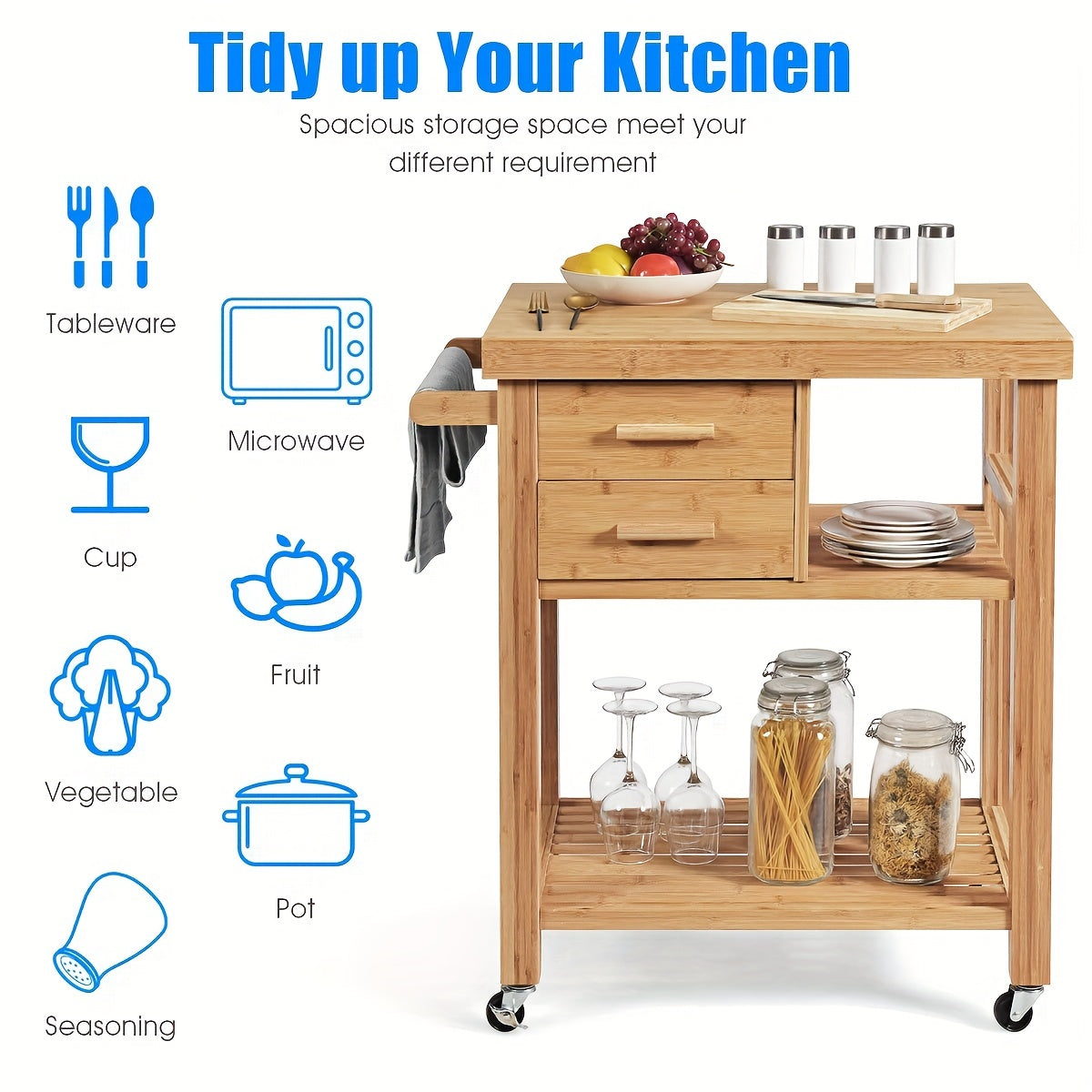 Bamboo Rolling Kitchen Trolley Cart With Towel Rack And Drawers, Classic Style, Portable Wood Island On Wheels, Versatile Storage For Home And Dining