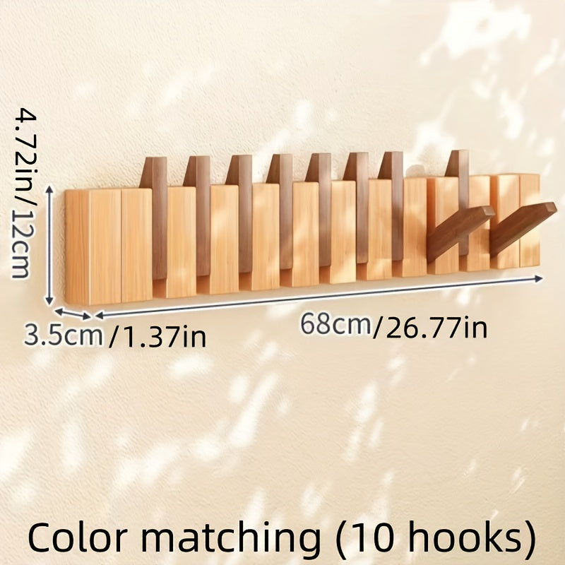 Boho Style Wooden Piano Key Wall Rack, Easy Install Wall Mounted Coat Hook, Folding Hanging Storage Organizer for Bedroom, Entryway, Foyer, Mudroom - Aesthetic Room Decor