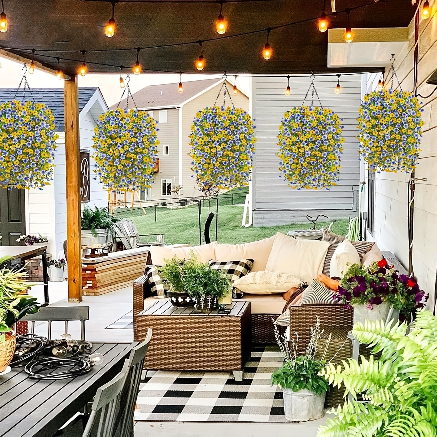 8pcs UV-Resistant Artificial Hanging Vines with Vibrant Blue & Yellow Flowers - Flexible Stems for Easy Shaping, No Maintenance Bohemian Chic Home Decor, Artificial Flowers for Home Decor, Garden Decor, Porch Embellishment, Easy Shaping Vines