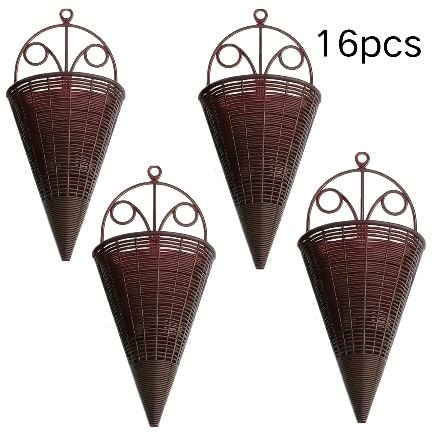 16pcs Rattan-Style Woven Wall Hanging Planters - Lightweight Plastic Cone-Shaped Flower Baskets with Decorative Metal Rings, Indoor/Outdoor Wall-Mounted Vases for Balcony, Garden & Patio Decor