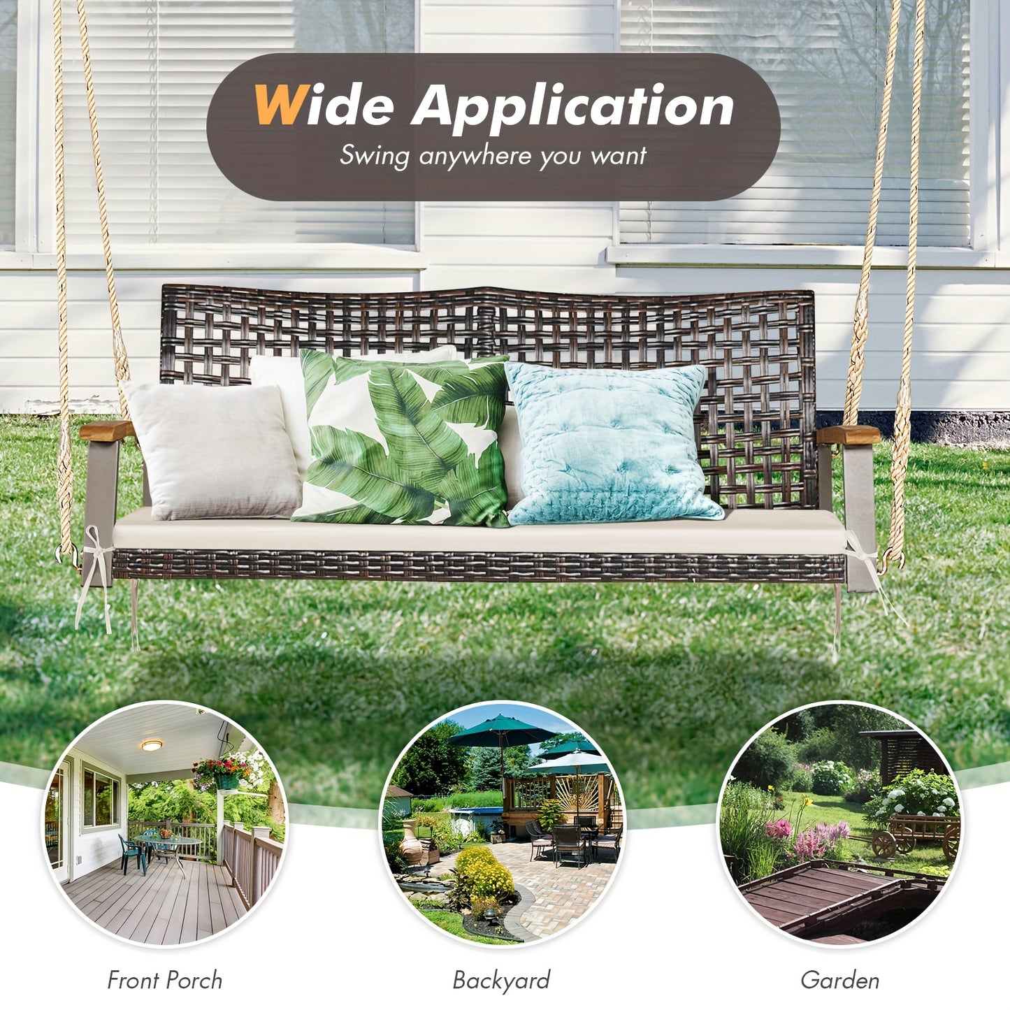 2-Person Patio Rattan Hanging Swing Chair Porch Loveseat Cushion White