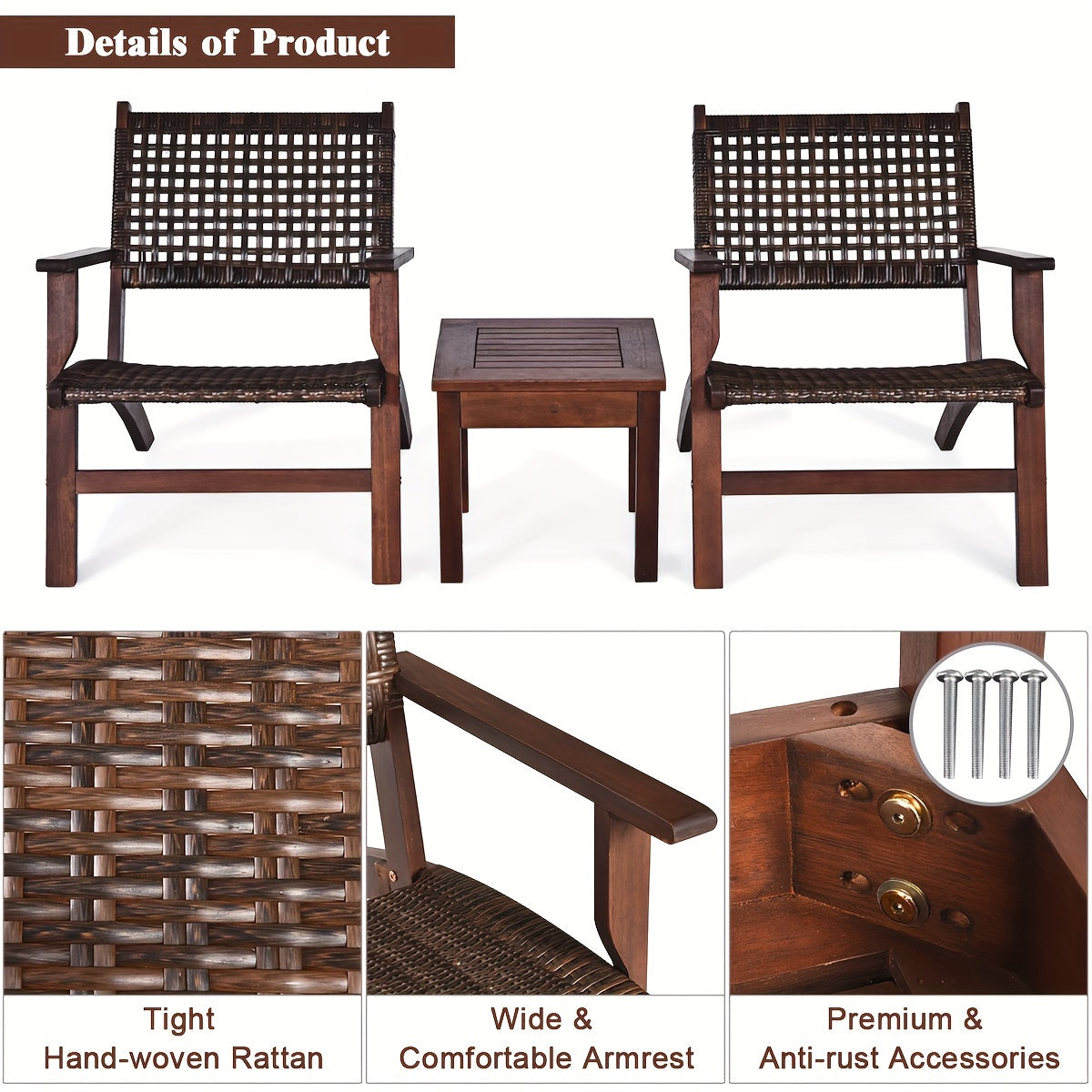 3pcs Outdoor Patio Rattan Furniture Set, Solid Wood Frame Chair And Coffee Table