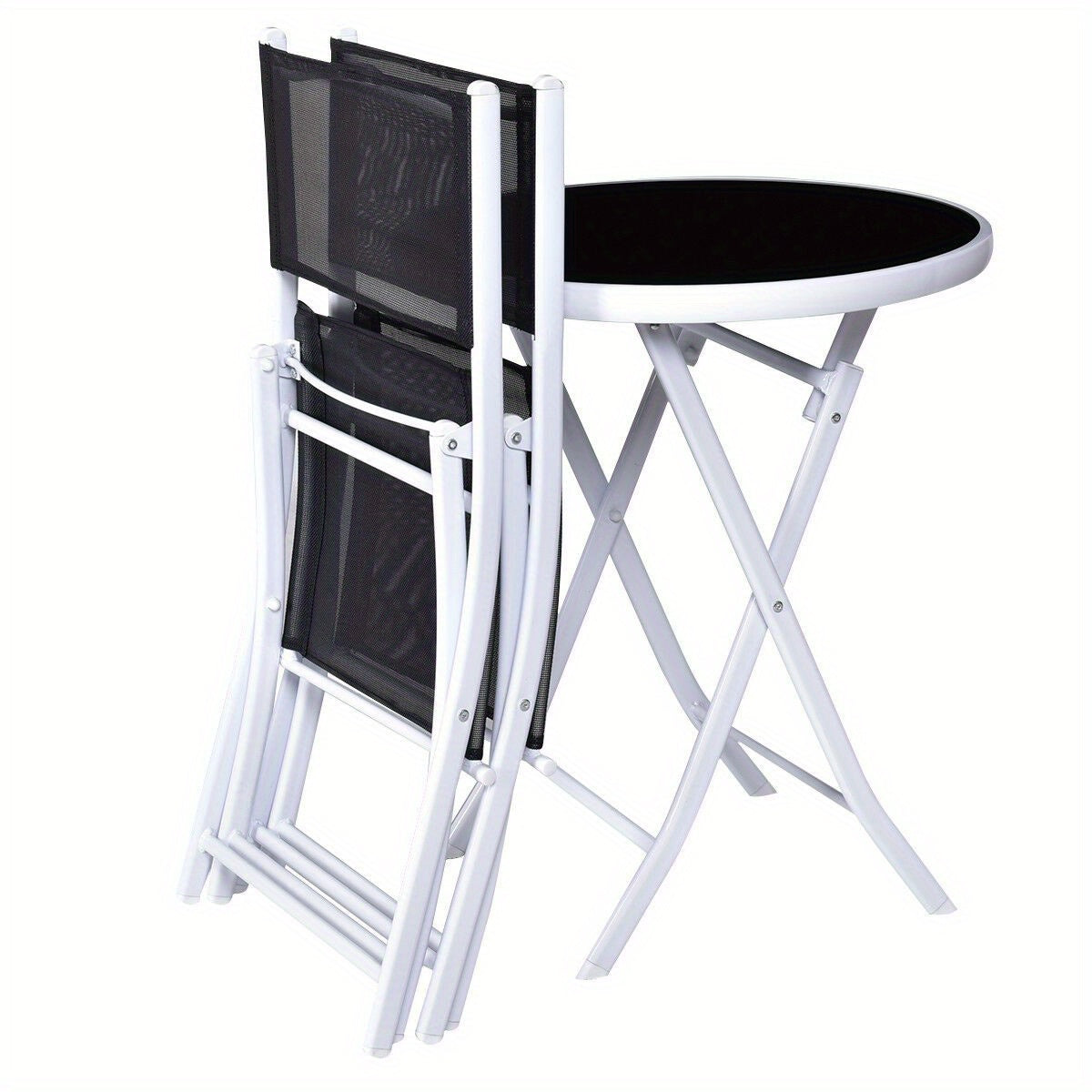3pcs Elegant Folding Bistro Set with Black Tempered Glass Top - Durable Metal Frame & Textile Fiber Seats, Easy Clean - Ideal for Patio, Garden, Deck - No Assembly Required, Outdoor Patio Furniture