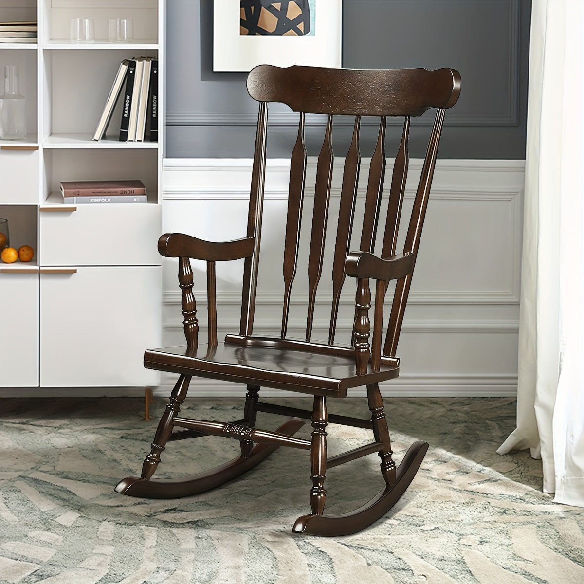 1pc Traditional Solid Wood Rocking Chair, Porch Rocker With Glossy Coffee Finish, Indoor/Outdoor Comfortable Seating, 300 Lbs Weight Capacity, 46.5" Height
