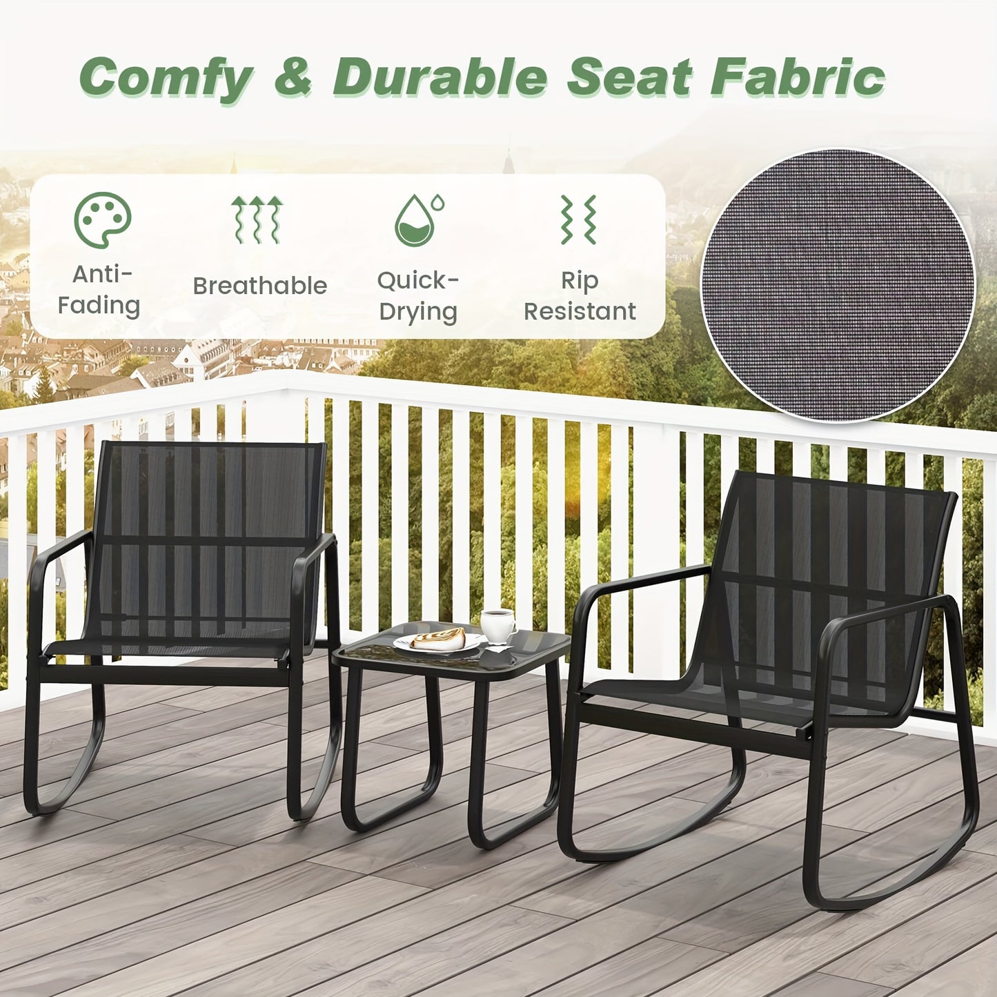 3pcs/set COSTWAY Patio Rocking Chairs Set - 2 Rocking Bistro Chairs & Glass-Top Table For Porch