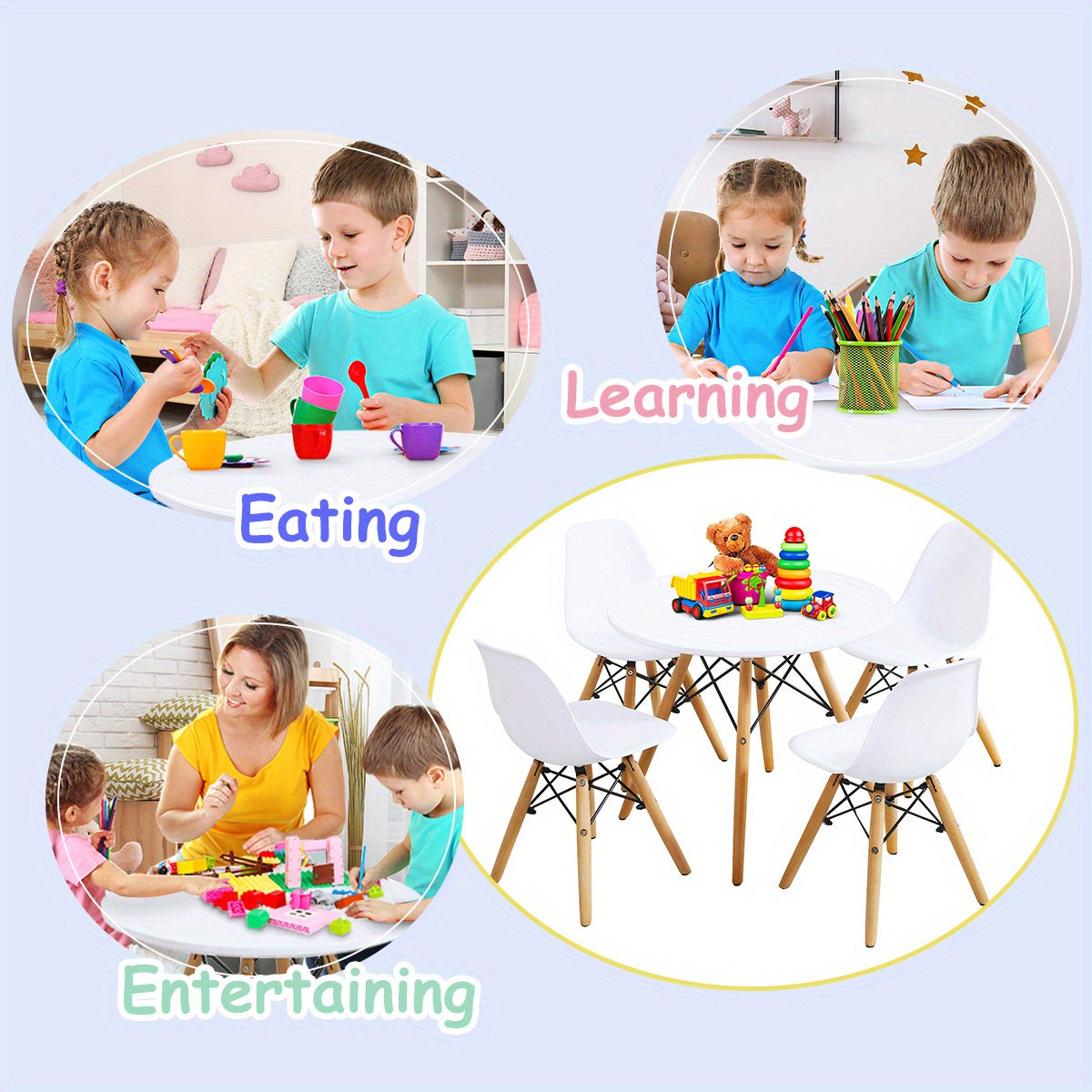 5pcs Kids Mid-Century Modern Table Set Round Table w/ 4 Armless Chairs White