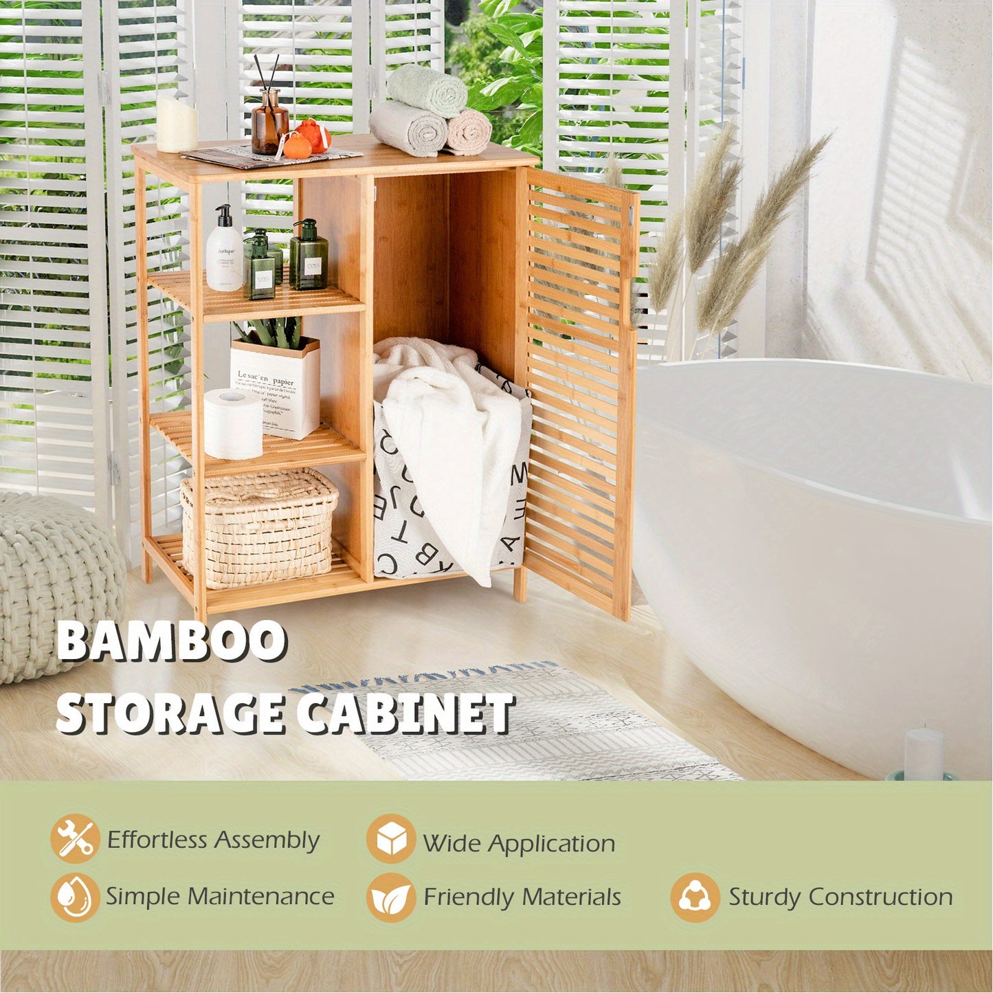 Bathroom Cabinet Bamboo Storage Floor Cabinet w/ Single Door & 3 Open Shelves