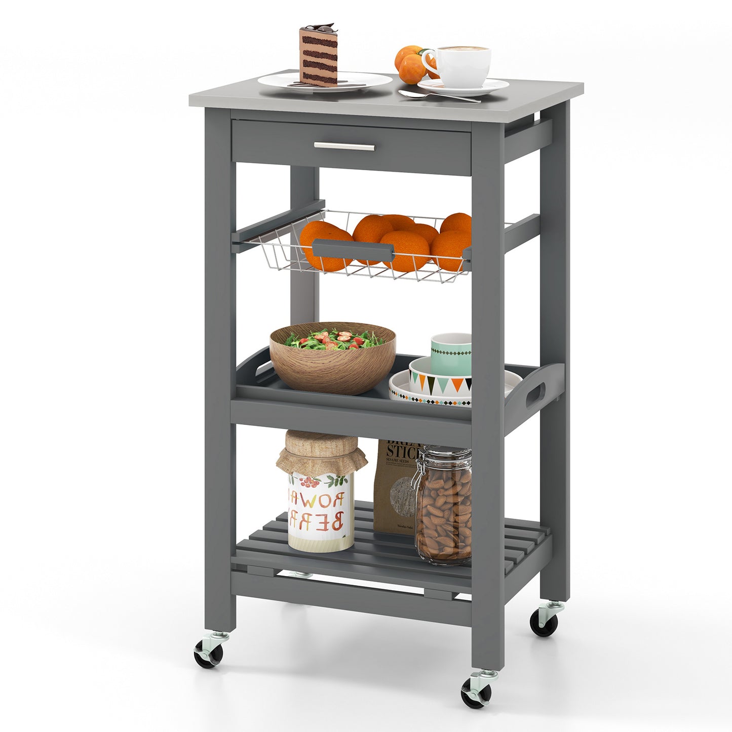 Kitchen Island on Wheels, Rolling Kitchen Cart with Stainless Steel Countertop, Slide-out Metal Wire Basket, Serving Tray, Lockable Casters, Utility Storage Trolley for Kitchen, Dining Room