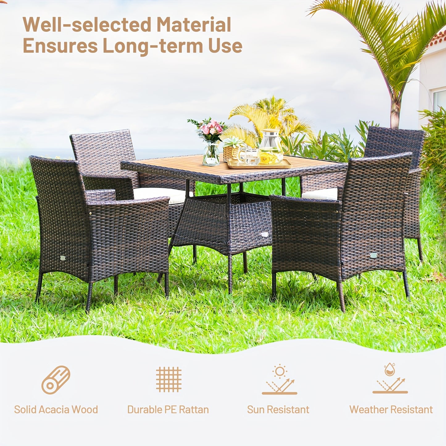 5pcs Patio Dining Set with Acacia Wood Table and PE Rattan Arm Chairs, Mixed Brown & Off White, Patio Dining Table Set, Wooden Table Top