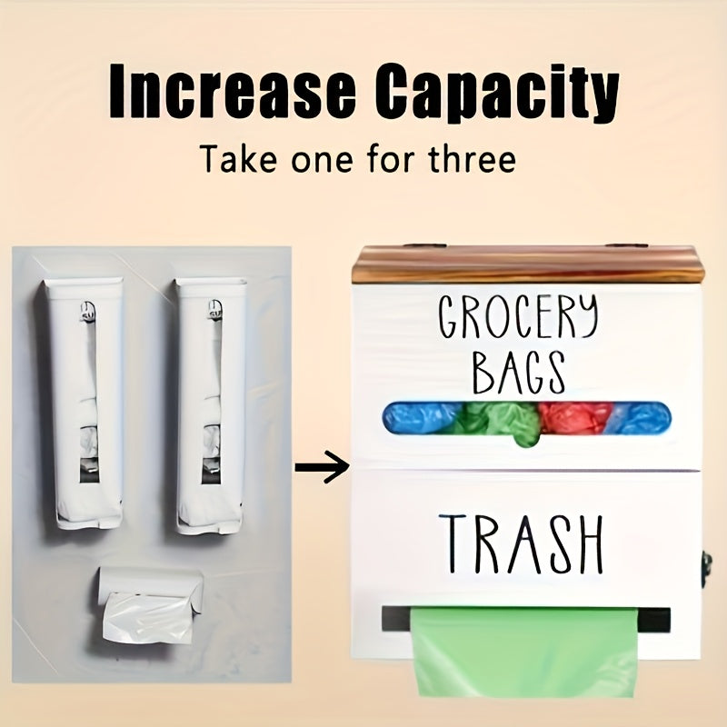 2-in-1 Wooden Garbage Bag Dispenser & Organizer, Large Capacity, Wall-Mount Or Cabinet Hanging Storage for Kitchen And Bathroom Essentials, White/Black