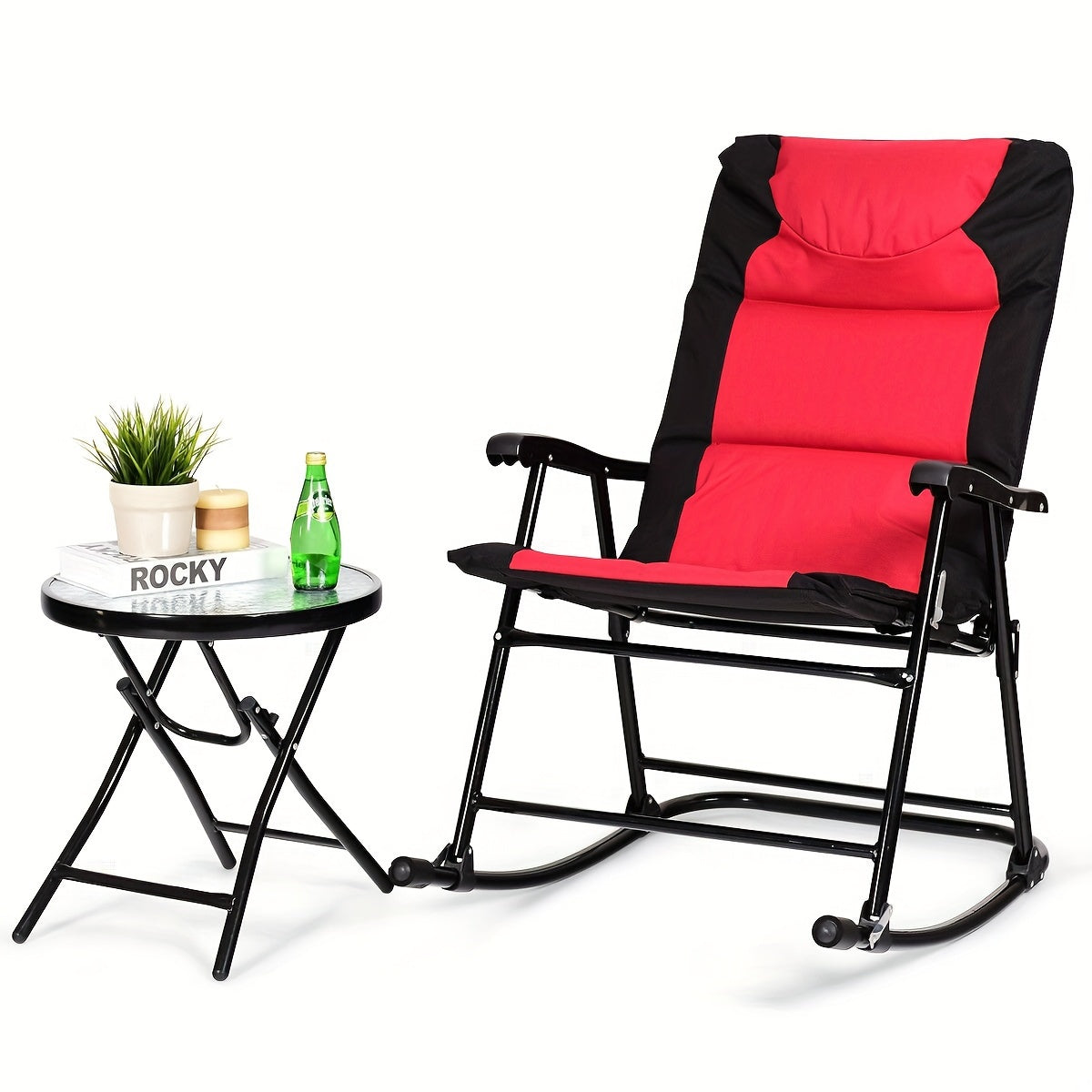 2pcs Rocking Chairs With Cushions & 1pc Glass Top Table, 3pcs Folding Bistro Set, Steel Garden Furniture In Red, Outdoor Patio Set, Space-Saving & Comfort Design, 42.0"x33.0"x27.0" Chairs, 19.0"x20.0" Table
