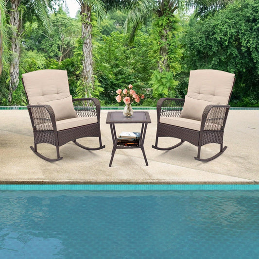 3pcs Patio Rocker Set, Outdoor Wicker Rocking Chairs w/ Double-Layer Coffee Table, Rattan Rocker Chair Set w/ Seat Back Cushions & Pillows, for Porch, Backyard, Poolside.