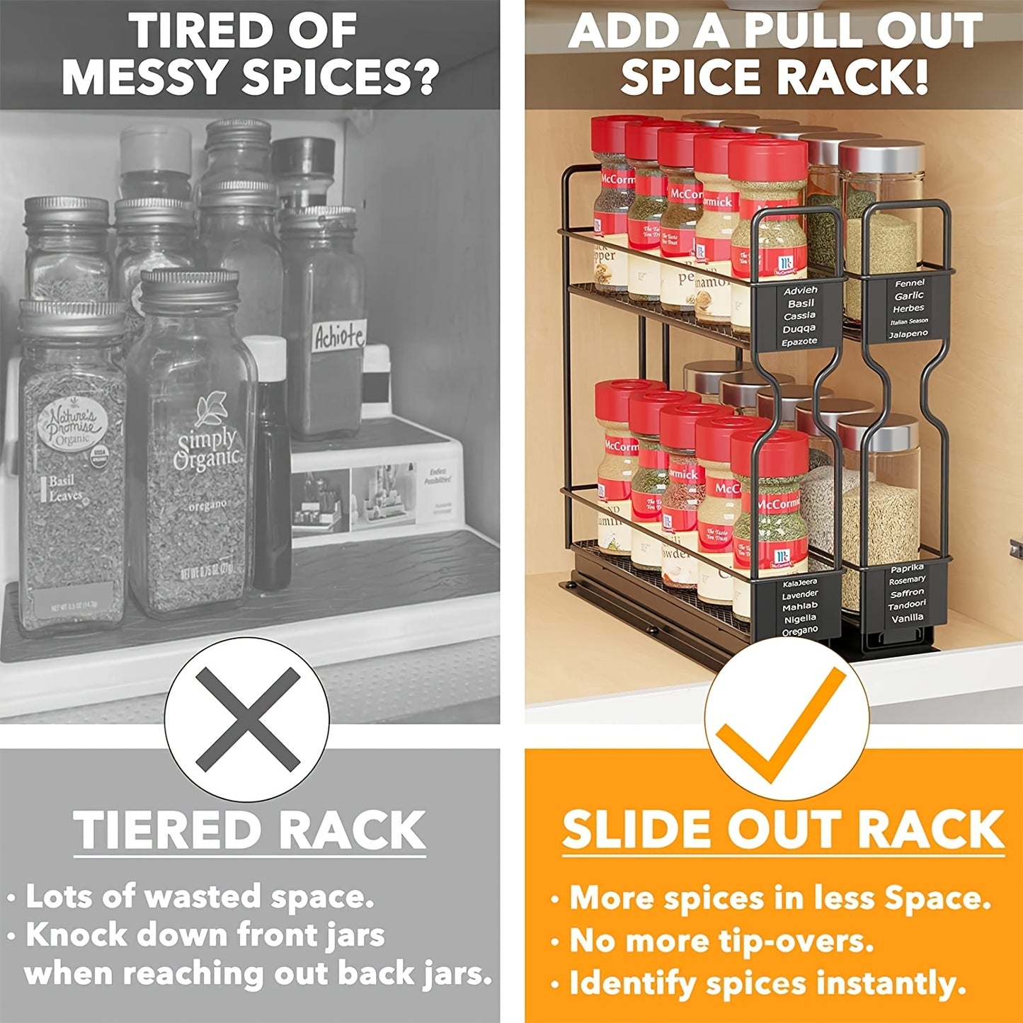 2pcs Spice Rack Organizer For Cabinets, Heavy Duty Slide Out Design With Labels, 5.2" W X 10.75" D X 10" H, No Jars