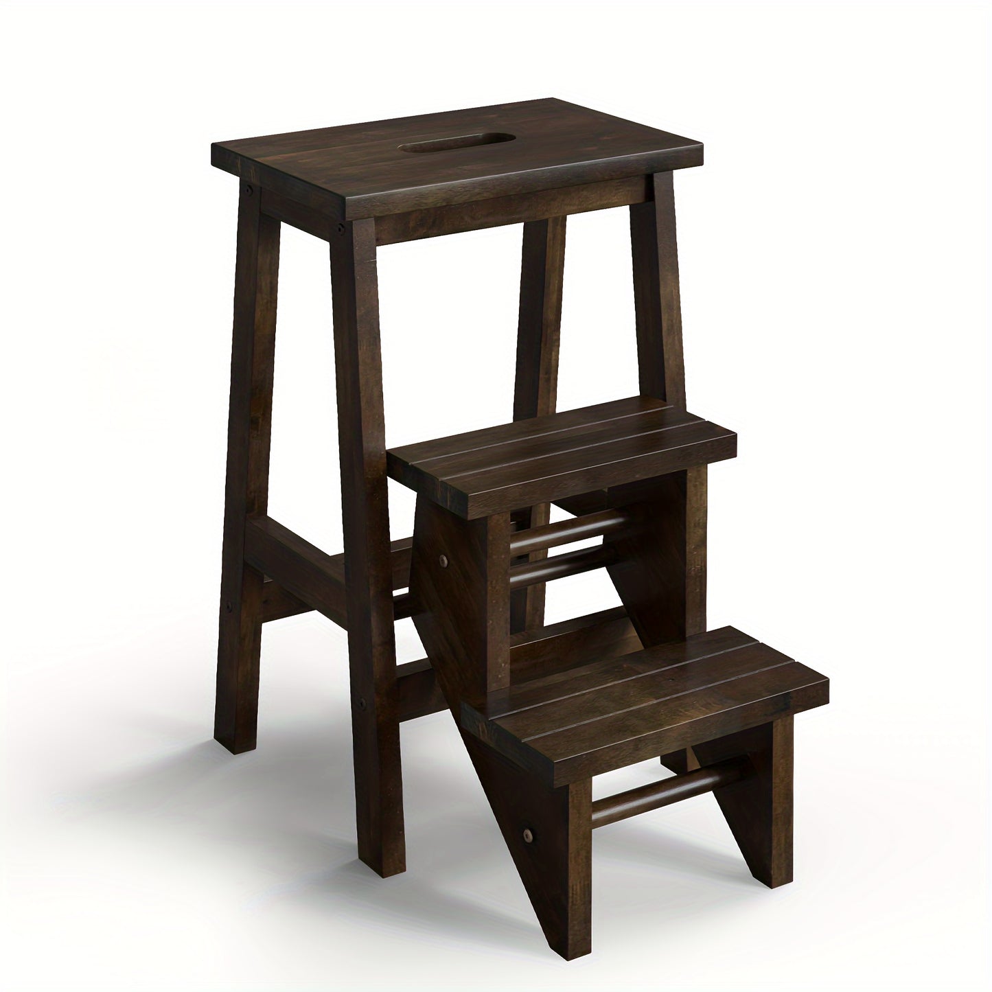 3-in-1 Folding Step Stool | 24" | Rubber Wood | Durable & Portable, Sturdy Ant-Slip Surface, 200 lbs Capacity Per Pedal | Home, Garage, or Garden Use | Rustic Wood | Secure Connection Joints