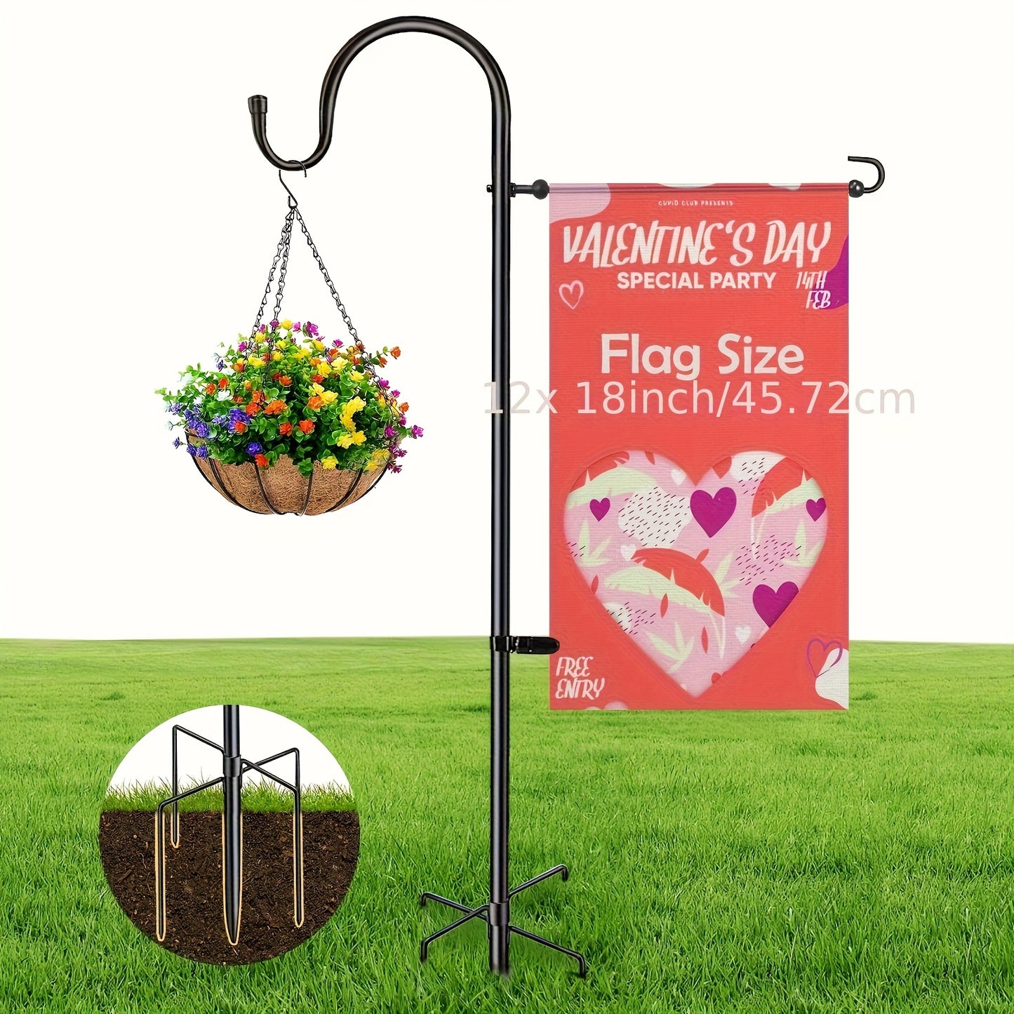 48" Heavy-Duty Adjustable Garden Flag Stand with 5-Prong Base, Metal Shepherd's Hook for Hanging Flags, Bird Feeders & Outdoor Decor - No Electricity Needed, Black, Garden Flags for Outside