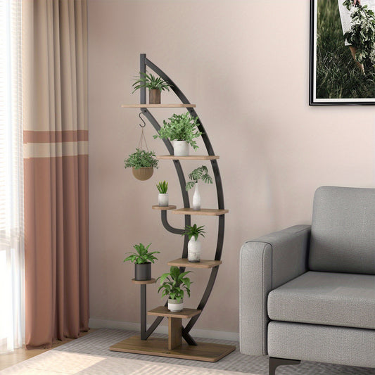 6 Tier Metal Plant Stand, Half Moon Shape Ladder Planter Organizer w/Hook, Multifunctional Curved Flower Pot Rack, Indoor Bonsai Display Shelf for Living Room, Bedroom, Balcony